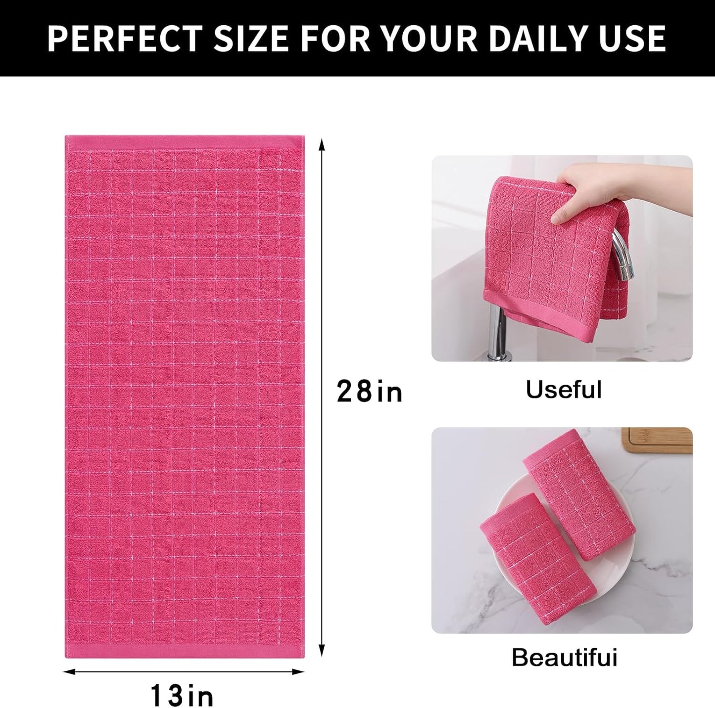 Homaxy 100% Cotton Terry Kitchen Towels(Rose Red, 13 x 28 inches), Checkered Designed, Soft and Super Absorbent Dish Towels, 6 Pack