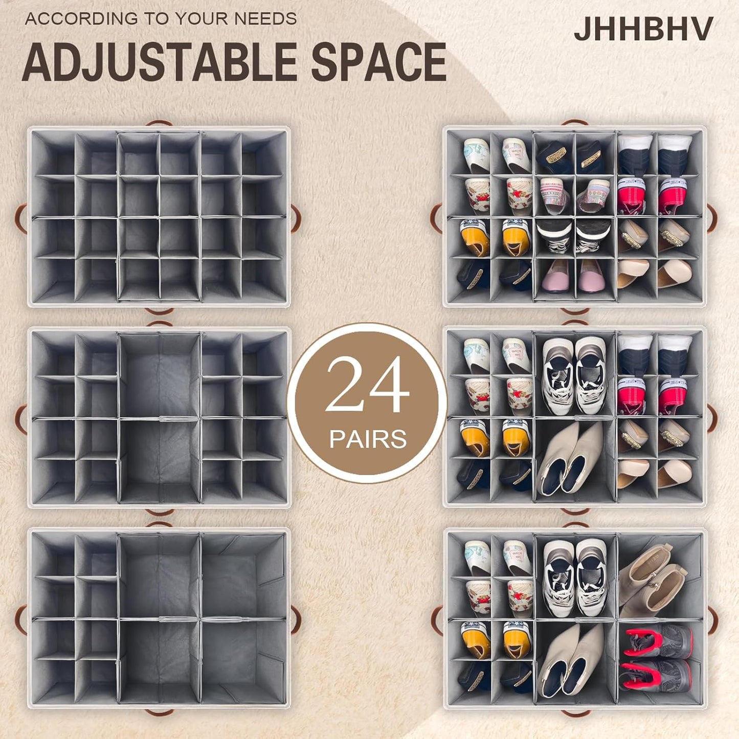 1 Pack Shoe Organizer for Closet, Adjustable Shoe Box Storage Containers, Large Foldable Shoe Bins with Clear Cover, Space Saving Shoes Holder with 4 Handles, Fits 12-24 Pairs, Beige