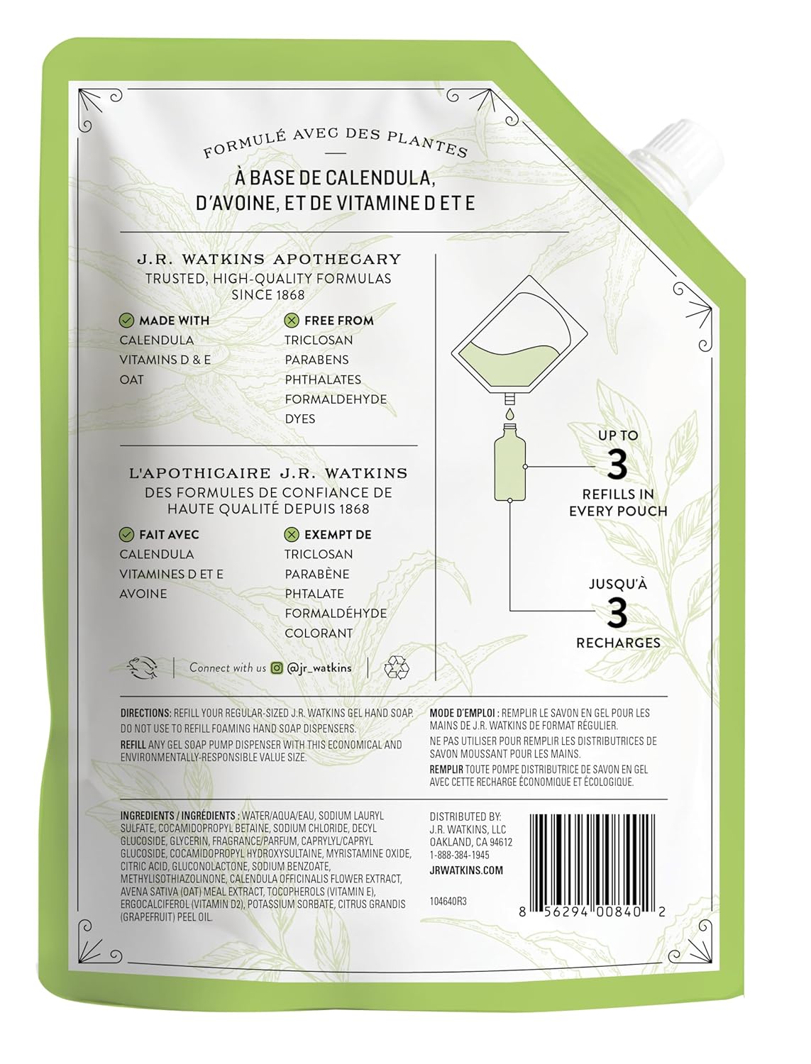 J.R. Watkins Hand Soap Refill, Aloe and Green Tea 34 fl Ounce