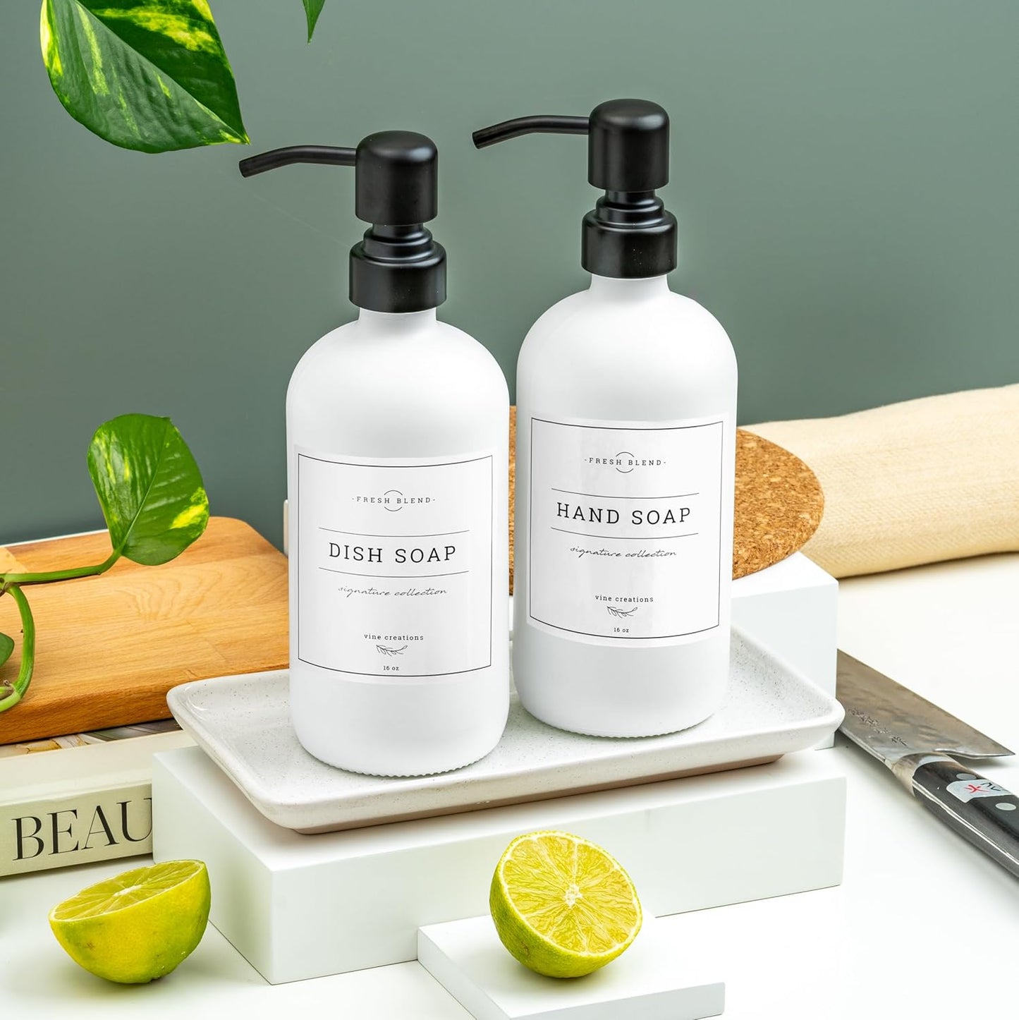 Vine Creations Glass Soap Dispenser, 2 Pack Kitchen Soap Dispenser Set with Ceramic Tray, Stainless Steel Pump, Dish Soap and Hand Soap Dispensers for Bathroom or Kitchen Decor with Waterproof Labels