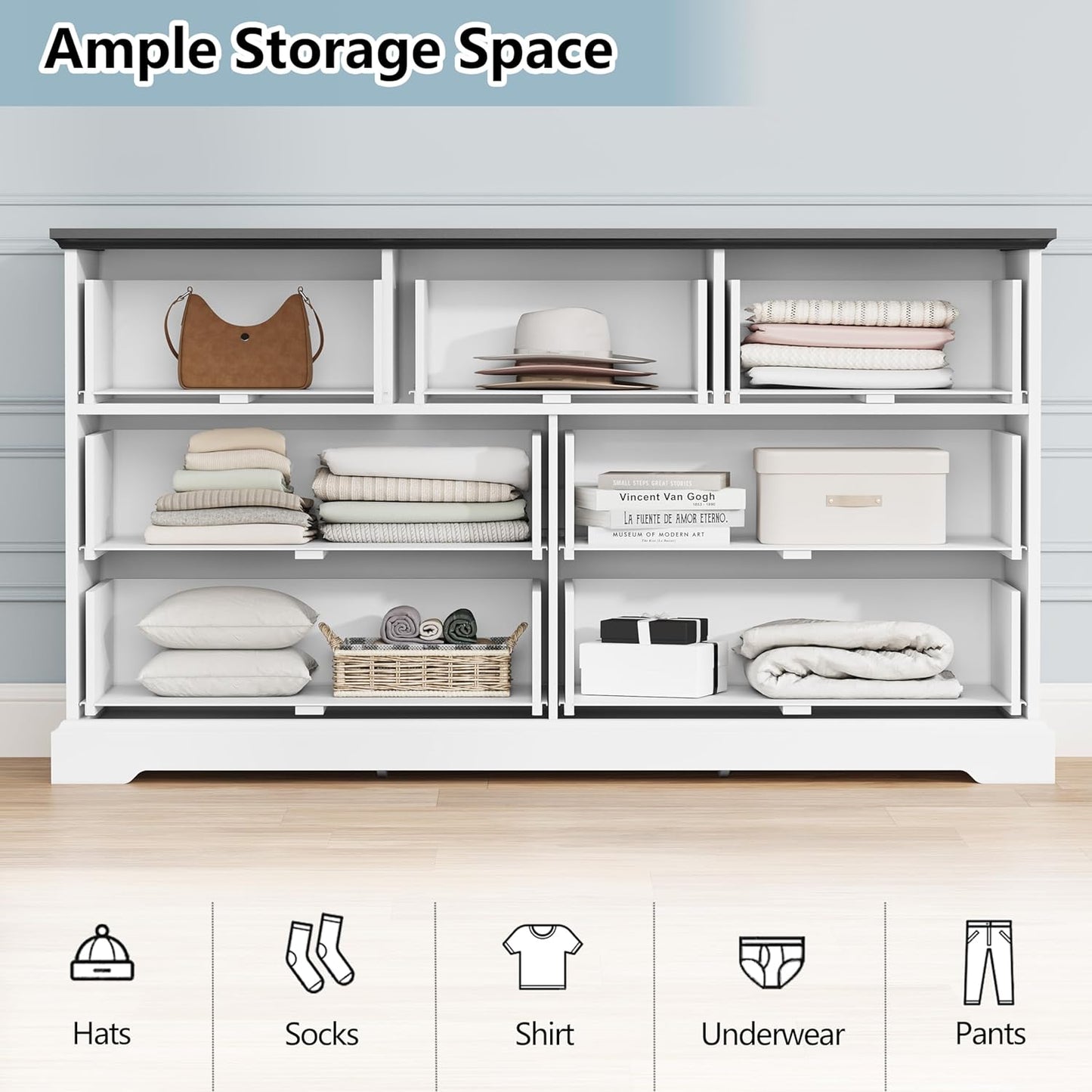 7 Drawer Dresser for Bedroom, 57" Wide Wooden Chest of Drawers, Rustic Farmhouse Dresser with Large Drawers & Metal Handles, Modern Storage Organizer for Closet, Living Room, Hallway, White