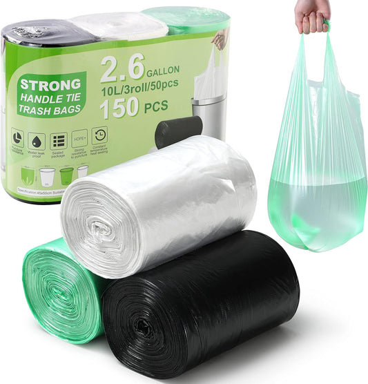 2.6 Gallon Trash Bag 150 Count, Unscented Strong Handle Tie Garbage Bags Fit 10 Litter Trash Can, Three Colors for Kitchen, Bathroom, Bedroom, Office (Green, White, Black)