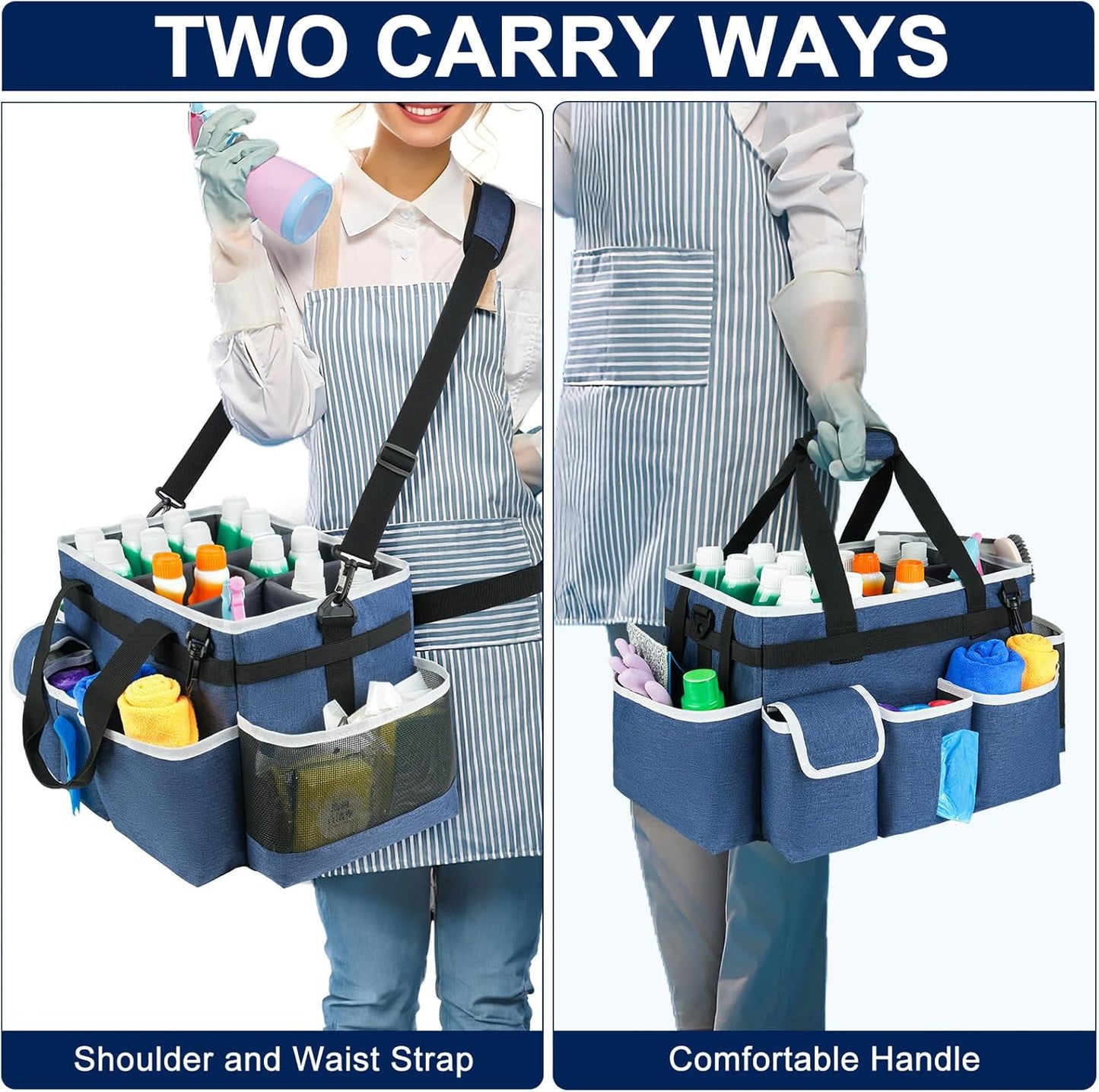 Cleaning Caddy Bag,Large Cleaning Supplies Organizer with Handle for Housekeepers, Blue