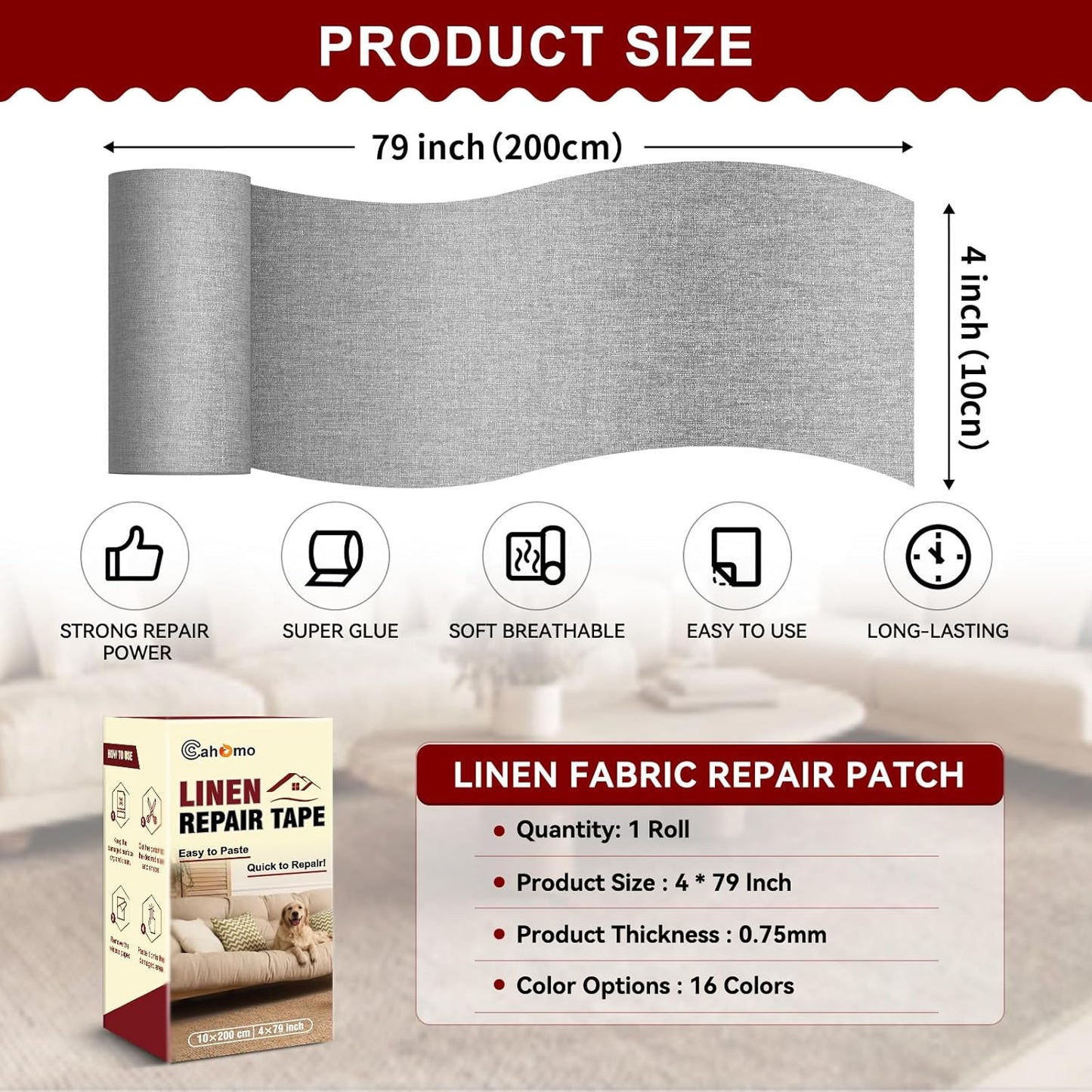 Linen Repair Tape 4x79 inch, Self Adhesive Fabric Patches, Linen Patch Tape Kit, Fabric Repair Tape for Couch Sofas, Headboards, Chairs, Pillows, Curtains, Couches - Medium Grey