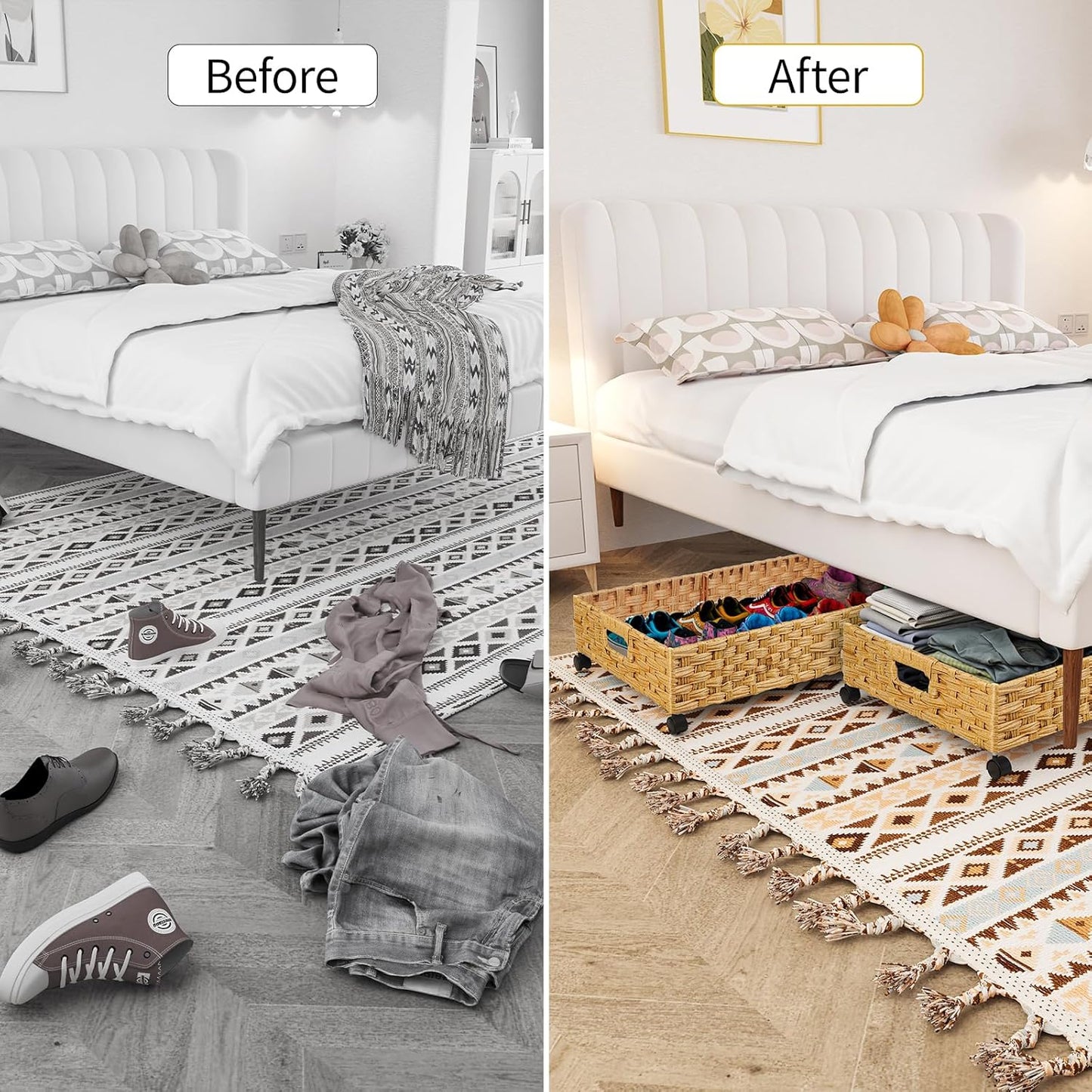 Under Bed Storage Containers with Wheels, 2 Pack 31.5in / 35L Handmade Rattan Underbed Organizer Drawer, Tool-free Assembly Rolling Under Bed Storage Bins for Shoes Clothes Toy Book