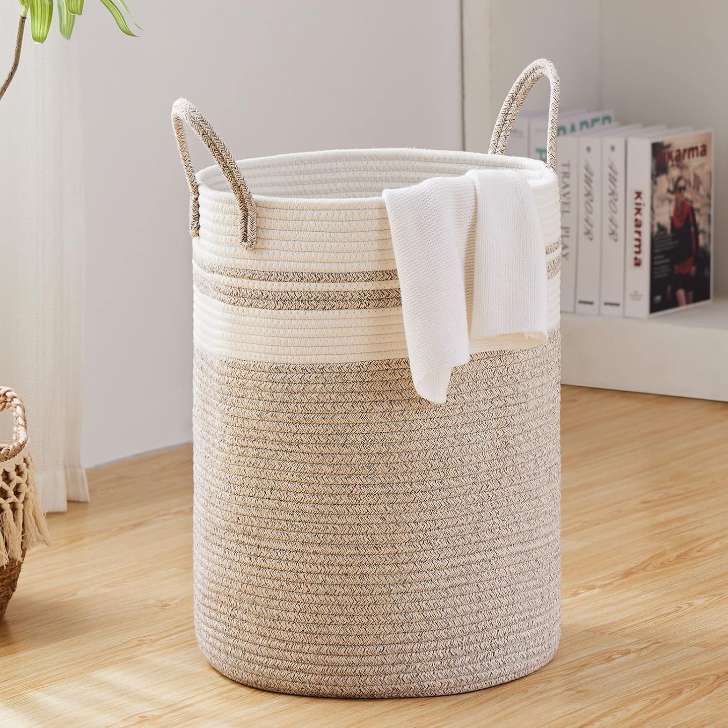 Large Laundry Hamper, Tall Woven Storage Basket for Blankets, Cotton Baby Nursery Hamper, Toys and Dirty Clothes in Bedroom and Living Room Organizing - 58L Brown & White