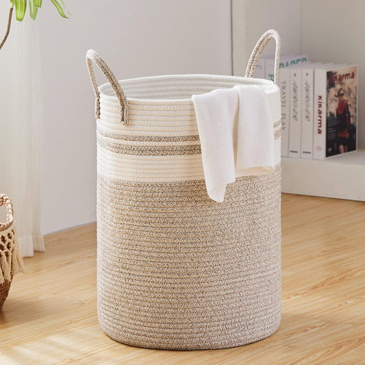 Large Laundry Hamper, Tall Woven Storage Basket for Blankets, Cotton Baby Nursery Hamper, Toys and Dirty Clothes in Bedroom and Living Room Organizing - 58L Brown & White