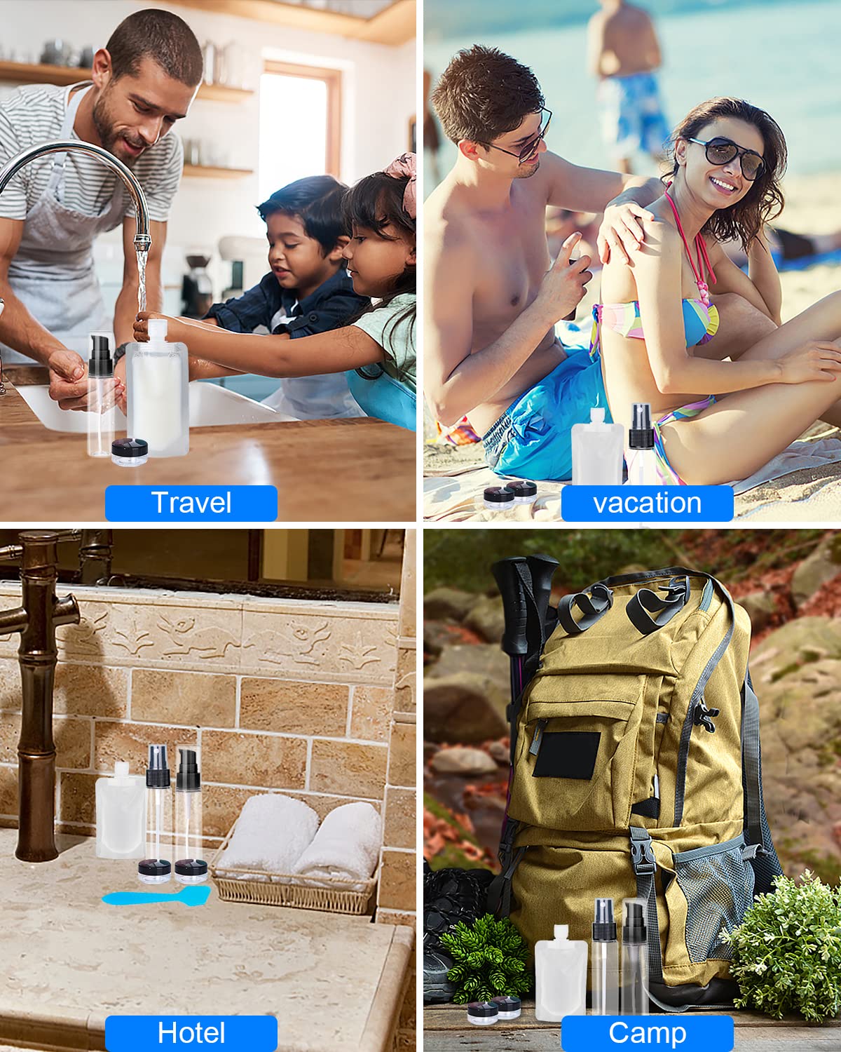 17 Pack Travel Pouches for Toiletries,TSA Approved,Portable Containers,Stand Up Pouch,Refillable Travel Accessories for Shampoo Conditioner Lotion Soap Liquids (A-17pcs)