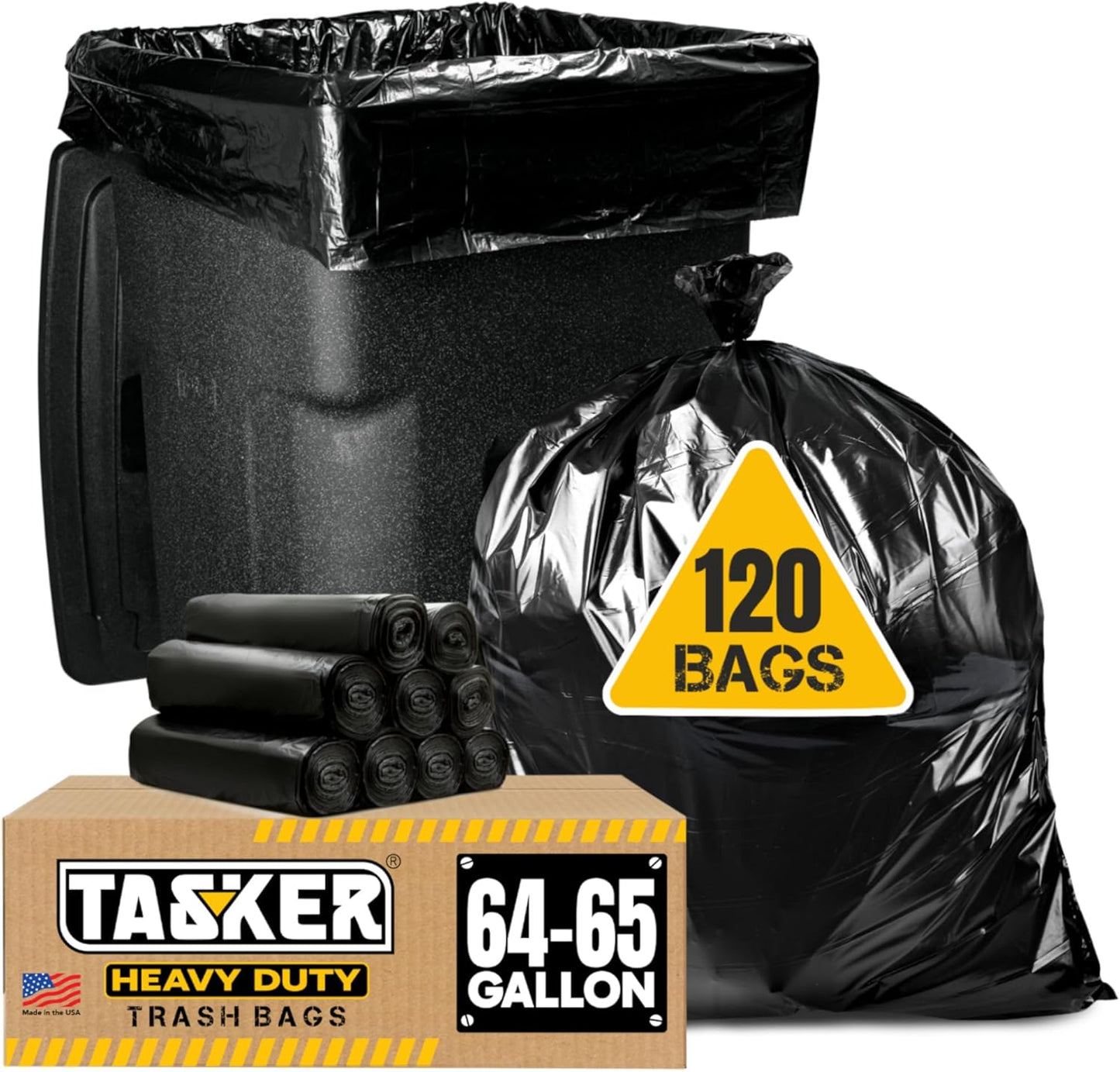 Tasker 65 Gallon Trash Bags Heavy Duty | 120 Count | Extra Large 64 Gallon Trash Bags for Toter | Garbage Bag 65 Gallon Trash Can Liners