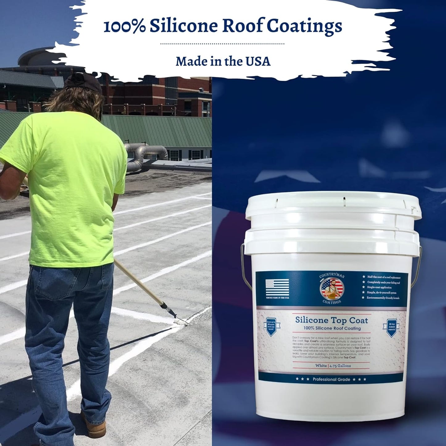 Countryman Coatings 100% Silicone Roof Coating - Restore Your Roof in a Day - Seal Leaks, Cracks, Seams, Penetrations - Adheres to All Surfaces (4.75 Gallon, White)