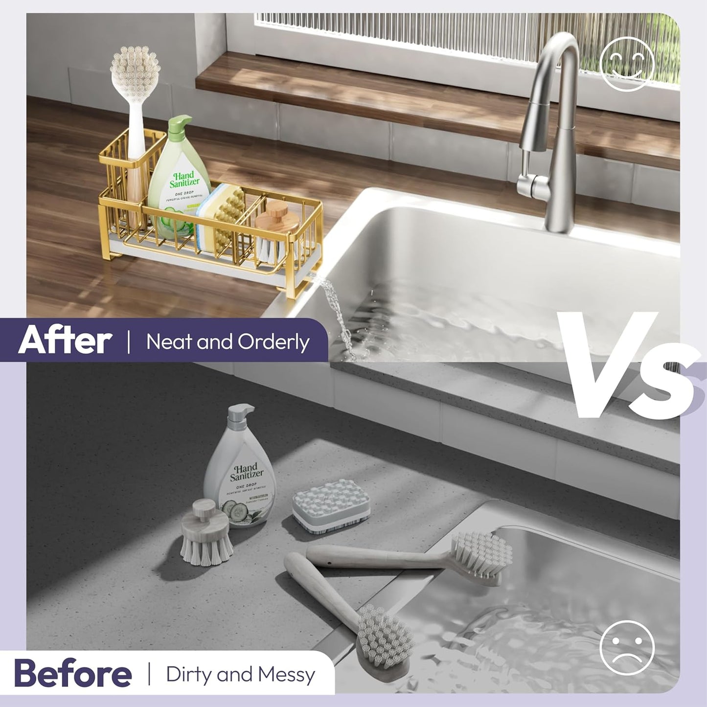 SWTYMIKI Sponge Holder for Kitchen Sink - Sink Caddy with Brush Holder Self-draining Sponge Caddy Organizer with Divider Stainless Steel Kitchen Accessories Storage for Countertop, Gold