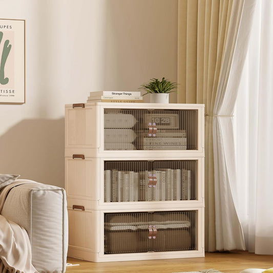 SAILUN 83Gal/335Qt Stackable Storage Bins Folding Collapsible Storage Bins with Lid, Closet Organizers and Box with Door Beige 26" W x 17" D x 43.7" H