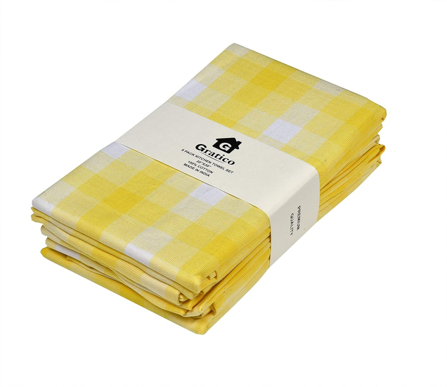Kitchen Towels Set of 6 Soft Premium Cotton Highly Absorbent Dish Towels 20X30 Inches, Washable & Reusable Tea Towel, Quick Drying Dish Cloths for Cleaning Dishes - Yellow/White, Checks
