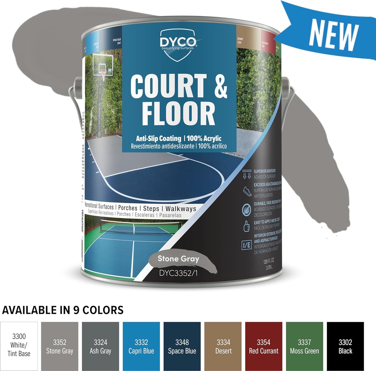 DYCO Court & Floor Anti-Slip Coating - Slip-Resistant Pavement, Cement & Concrete Paint for Pickleball, Tennis & Basketball Courts, Exceeds ADA Standards for Safety Areas (Stone Gray, 1 Gallon)
