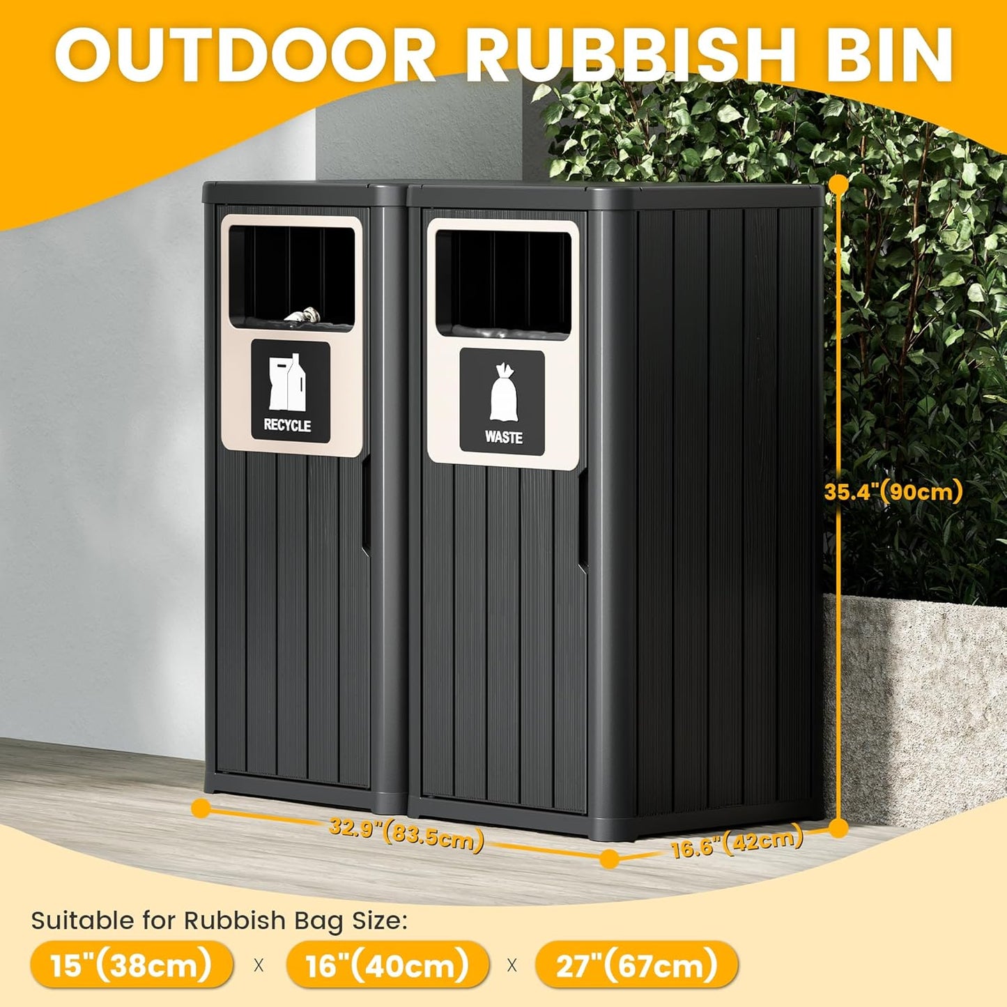 Outdoor Trash Can, Waterproof Resin Garbage Can Indoor and Outdoor Use, Durable & Weather-Resistant Commercial Garbage Can, Outside Trash Bin for Patio, Kitchen