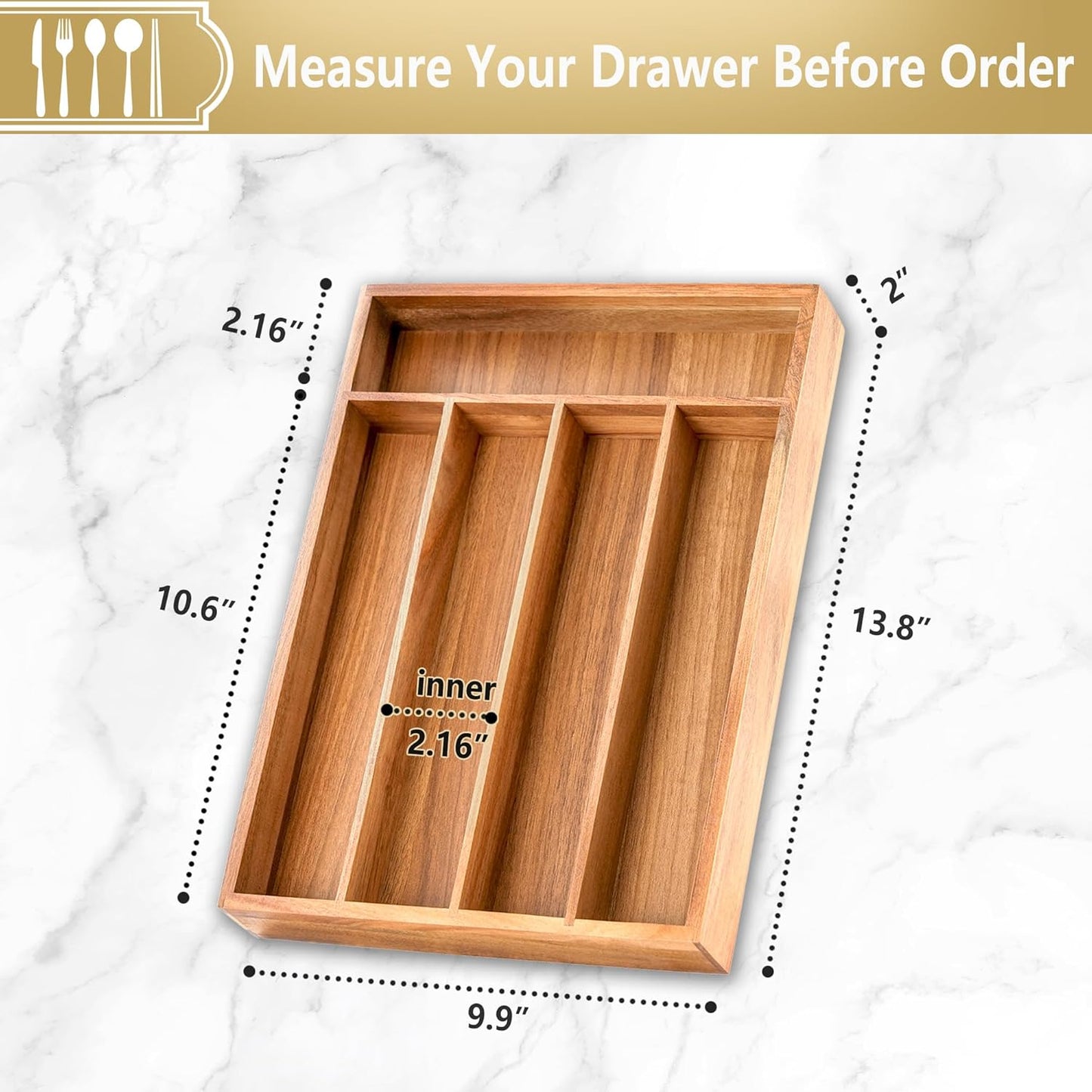 Silverware Organizer, 10 Inch Utensil Organizer Kitchen Drawer Organizer Acacia Silverware Holder Cutlery Tray Organizer in Drawer Flatware Organizer Tray(5 slots, Acacia）