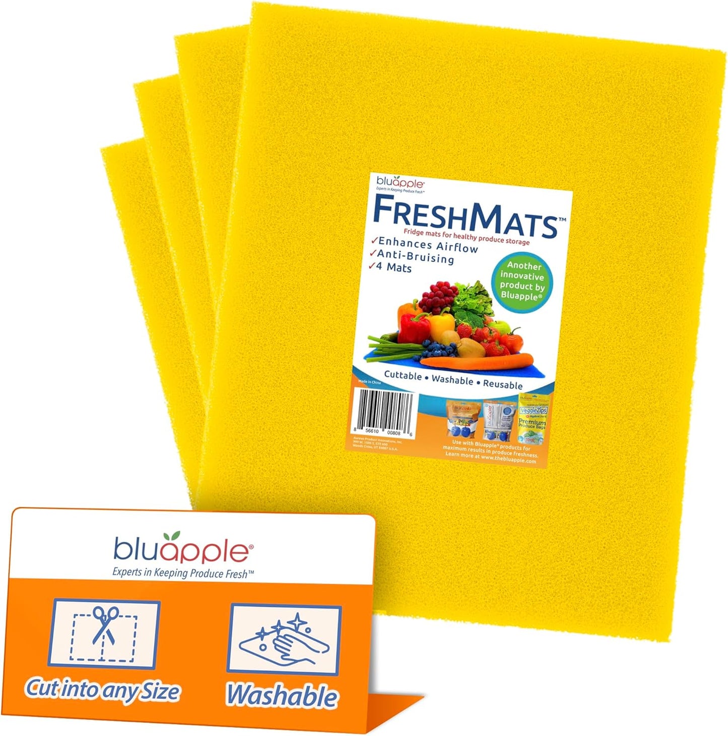 Bluapple FreshMats, Refrigerator Bin Liner, Fridge Drawer Mats, Crisper Life Extender Liner Keeps Produce Fresh Longer, Anti-Bruising, for Air Circulation, Washable & Reusable (4-Mats, 12x15, Yellow)