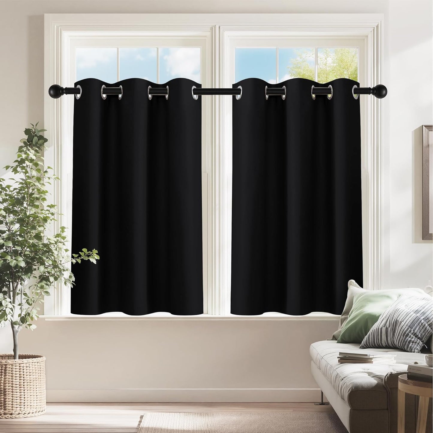 PONY DANCE Kitchen Curtains 24 inch Length - Blackout Camper Curtains for Travel Trailers, Set of 2 Panels Tiers, Short Small Window Drapes for Bathroom & Basement, Ideal for RV Camper, Black