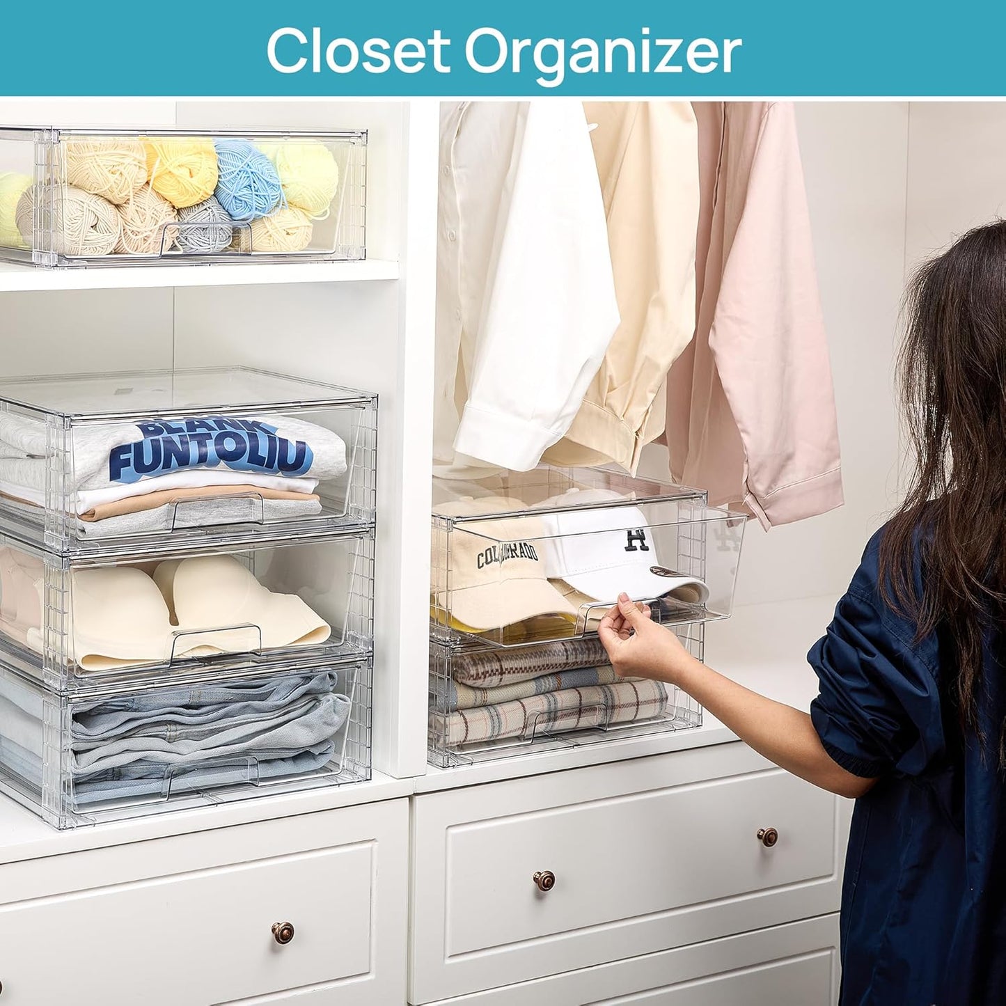 Vtopmart 6 Pack Large Stackable Storage Drawers,Easily Assemble Acrylic Bathroom Closet Undersink Organizers and Storage,Plastic Storage Bins for Kitchen Cabinets,Pantry,Makeup,Medicine Organization