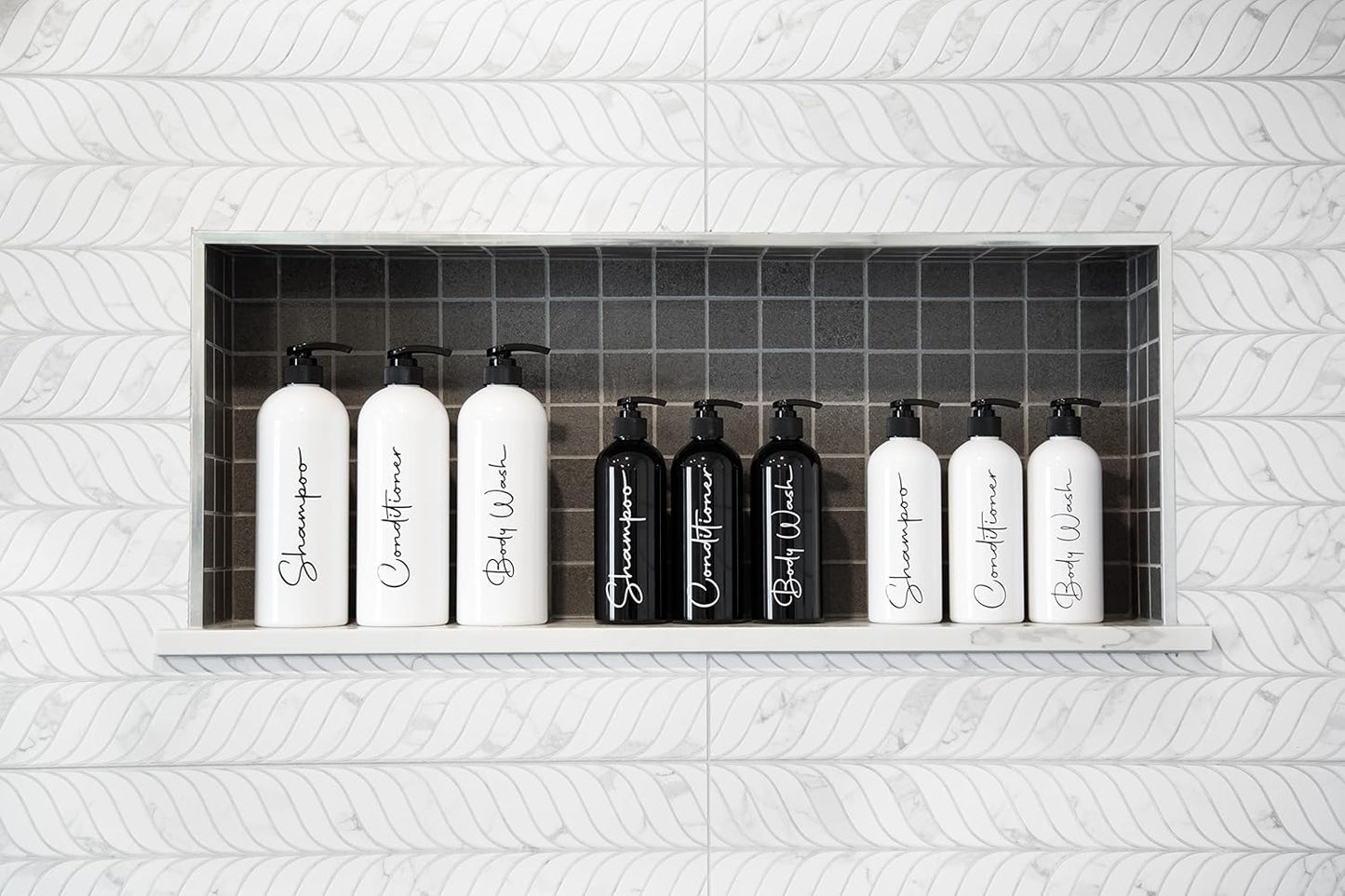 Alora 32oz Reusable Shampoo and Conditioner Bottles - Set of 3 - Easy to Read Labels - Pump Bottle Dispenser for Shampoo, Conditioner, Body Wash - Empty Plastic Refillable Containers for Shower