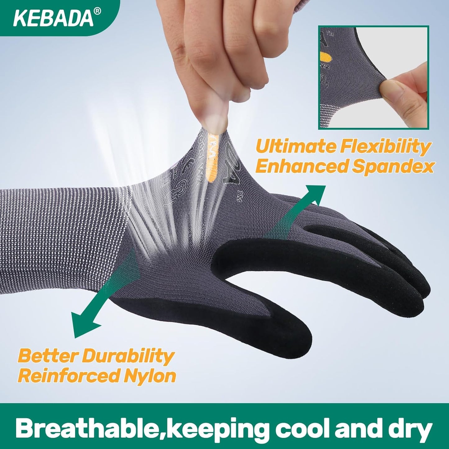 Kebada W2 Safety Work Gloves, Micro-Foam Nitrile Coated Gloves, Touchscreen,Ideal for Package Handling, Gardening, Construction, 1 Pair X-Small