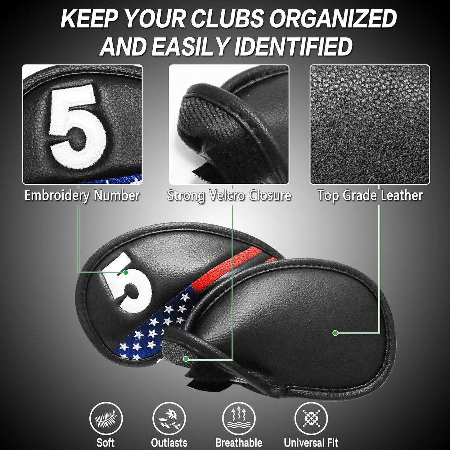 FINGER TEN Premium Synthetic Leather Stylish Iron & Wedge Golf Head Covers Value 12 Piece Set, Embroidered Labels & Fits Most Clubs Gift Set, Travel Protection Accessories