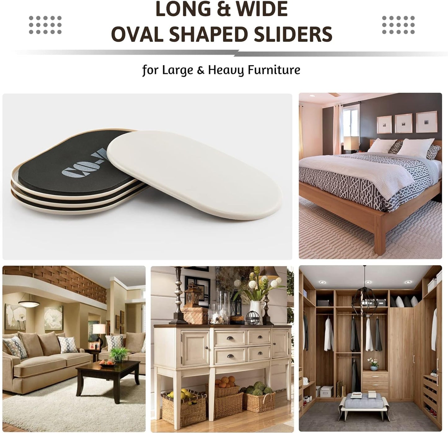 CO-Z Large Furniture Sliders - 4 Pack, 6" x 9 1/2" Oval Reusable Furniture Sliders for Carpet, Heavy-Duty Furniture Gliders Movers for Hardwood Floors, Plastic Moving Pads for Heavy Furniture