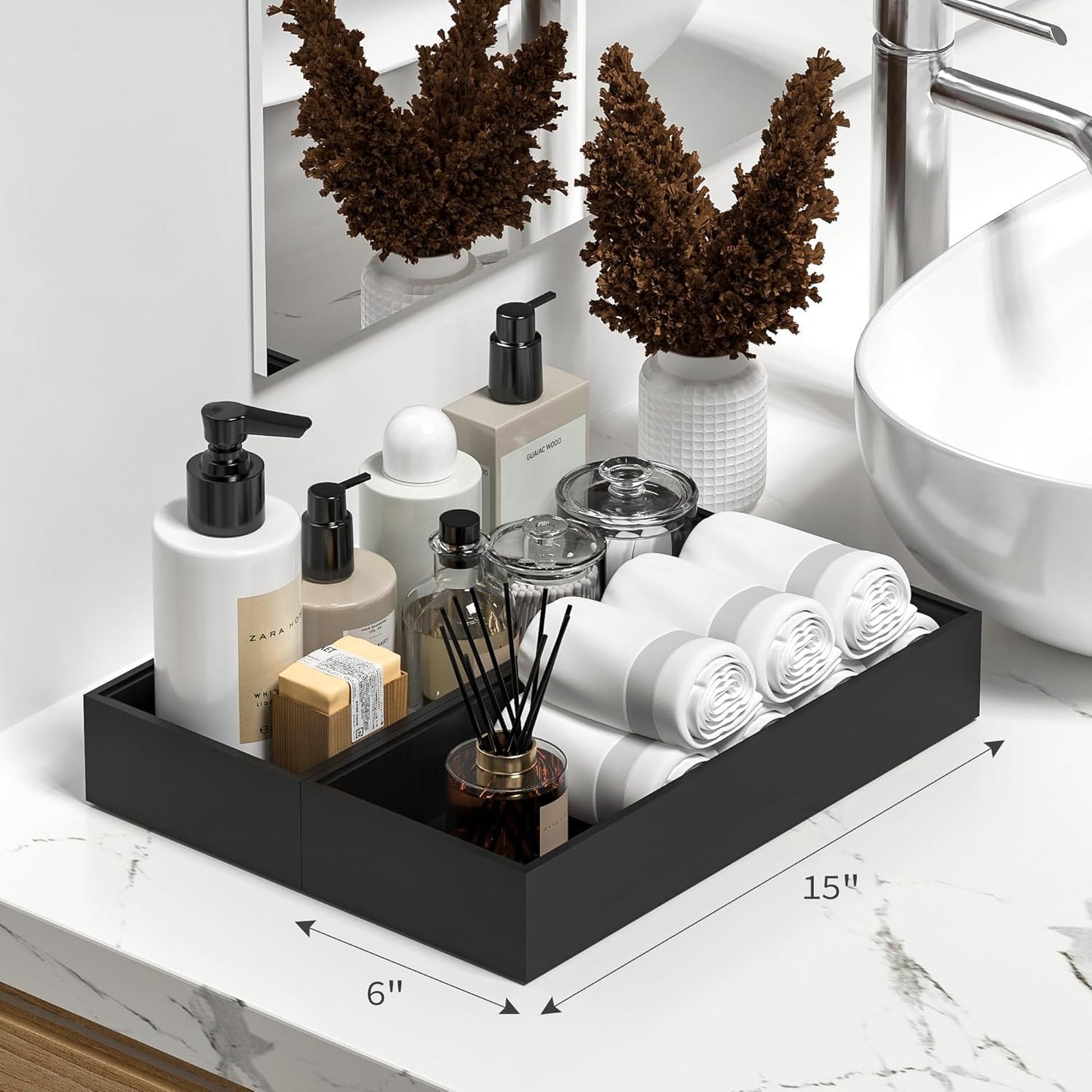 Kitchen Drawer Organizer Tray, Stackable Black Bamboo Drawer Organizer for Large Silverware, Utensils, Cutlery, Flatware, Junk, Dresser, Bathroom, 17" x 6" x 2.5" (Set of 2)