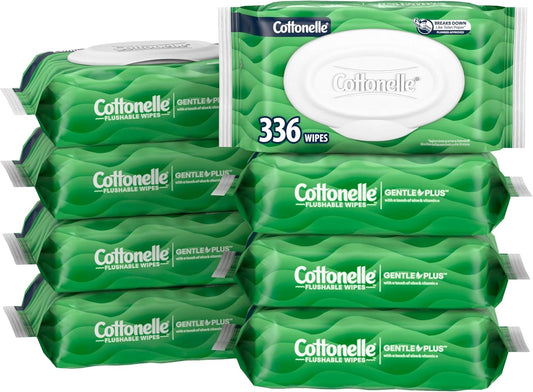 Cottonelle GentlePlus Flushable Wet Wipes with Aloe & Vitamin E, 8 Flip-Top Packs, 42 Wipes Per Pack (336 Total Wipes), Packaging May Vary