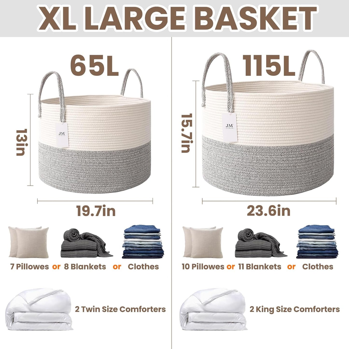 Woven Blanket Basket,65L Large Rope Storage Bin with Handles, Organizer for Blankets Toys Book and Clothes, Laundry Basket for Living Room Bedroom Nursery,White&Grey