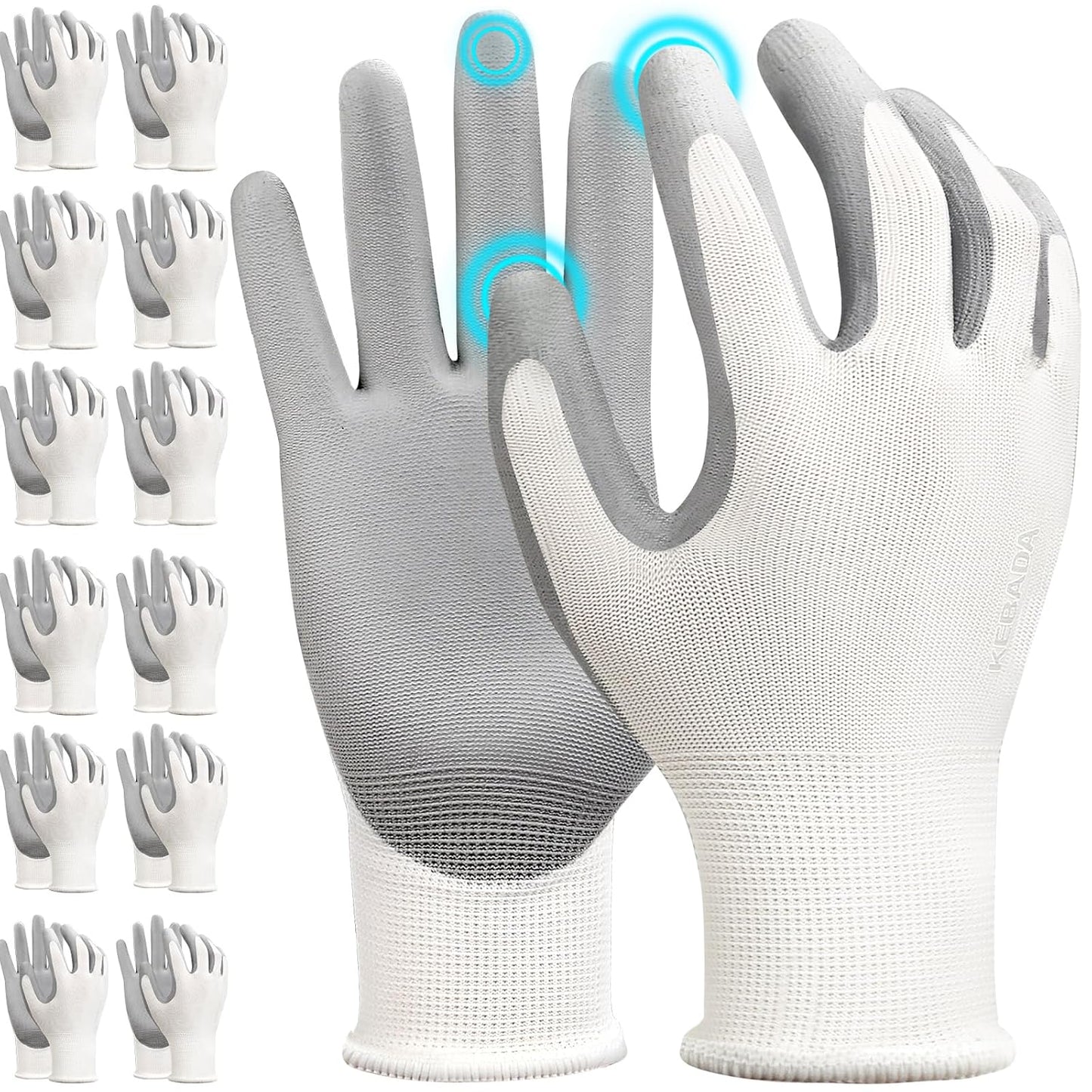 Kebada W1 Work Gloves for Men and Women, 12 Pairs Touchscreen Safety Gloves with Grip, PU-Coated, Ideal for Light & Medium Duty Tasks, White, Large