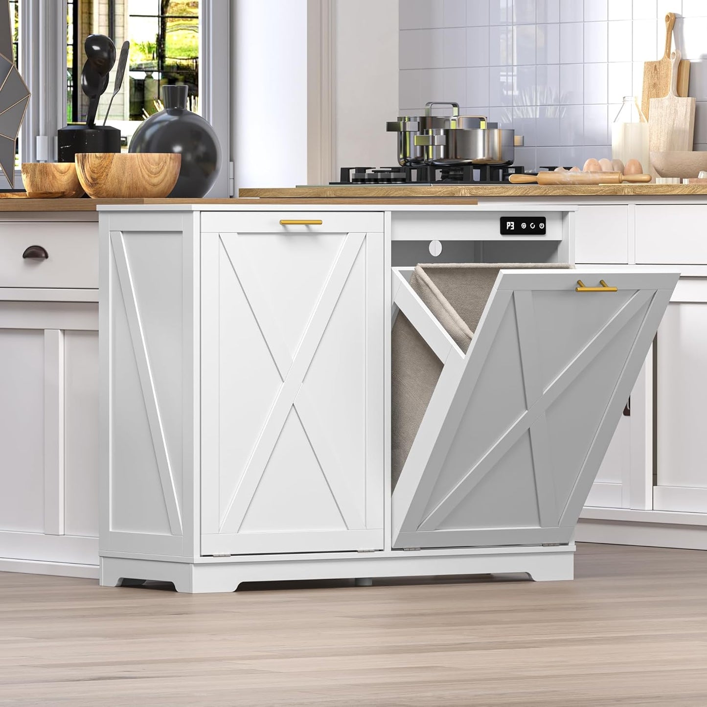 Tilt Out Trash Can Cabinet for 2 Bins, Hidden Recycle Garbage Bin Enclosure, Wooden Double Laundry Cabinet with Odor Control, Negative Ion & Ozone, for Kitchen, Bathroom, Laundry Room