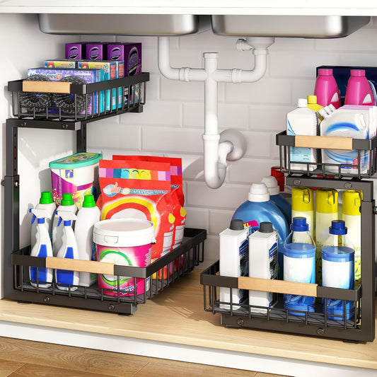 PXRACK 2 PACK Under Sink Organizer,Adjustable Height,2 Tier Pull Out Under Cabinet Organizer,Thickened Metal Shelf,Slide Out Under Sink Storage for Kitchen Bathroom Cabinet Laundry