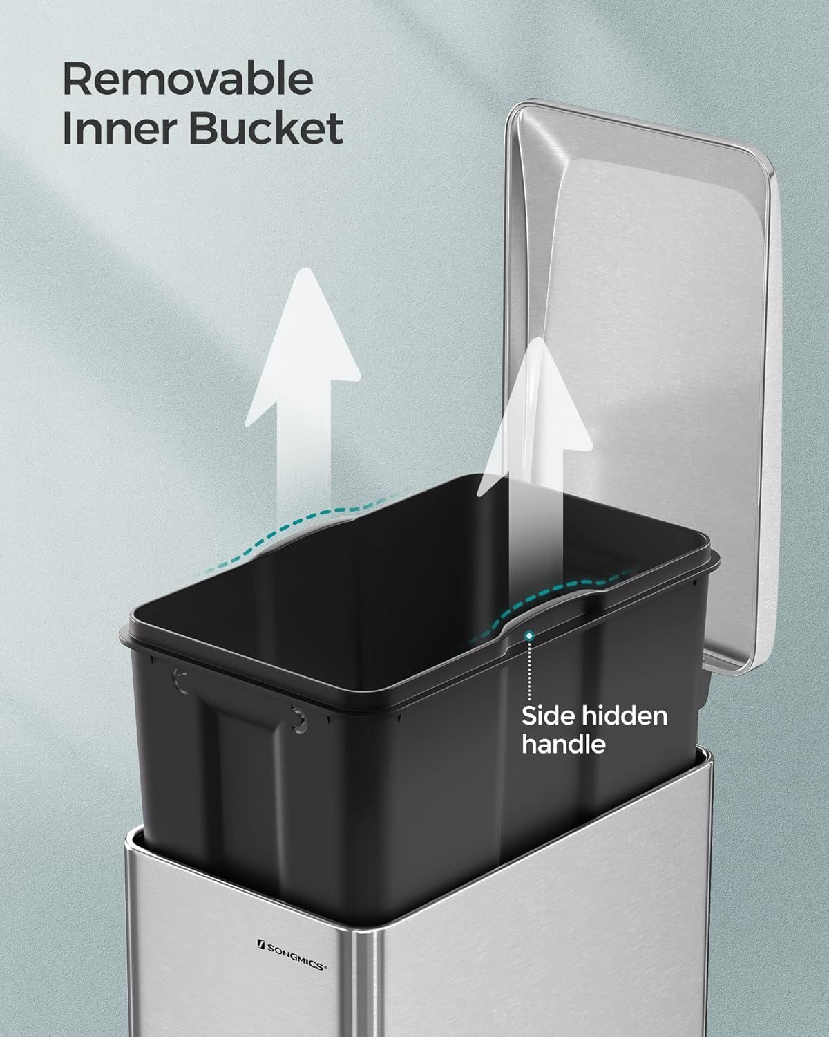 SONGMICS Slim Trash Can, 13-Gallon (50 L) Garbage Can for Narrow Spaces with Soft-Close Lid, Inner Bucket, and Step-on Pedal, Stainless Steel, 15 Trash Bags Included, Silver ULTB510E48