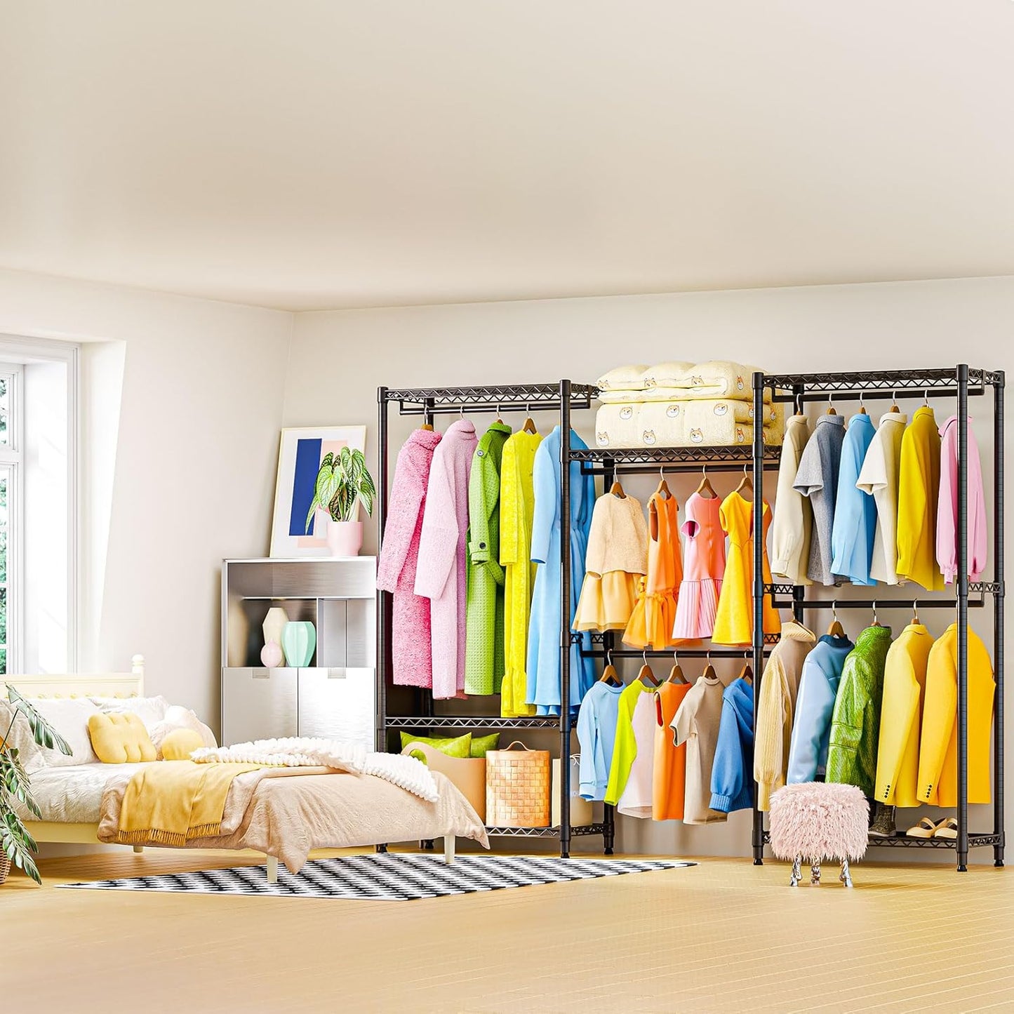 Heavy Duty Rolling Garment Rack 3 Tiers Adjustable Wire Shelving Clothes Rack with Rods Storage Closet Clothing Rack Black 15.7" D x 70.8" W x 76.5" H