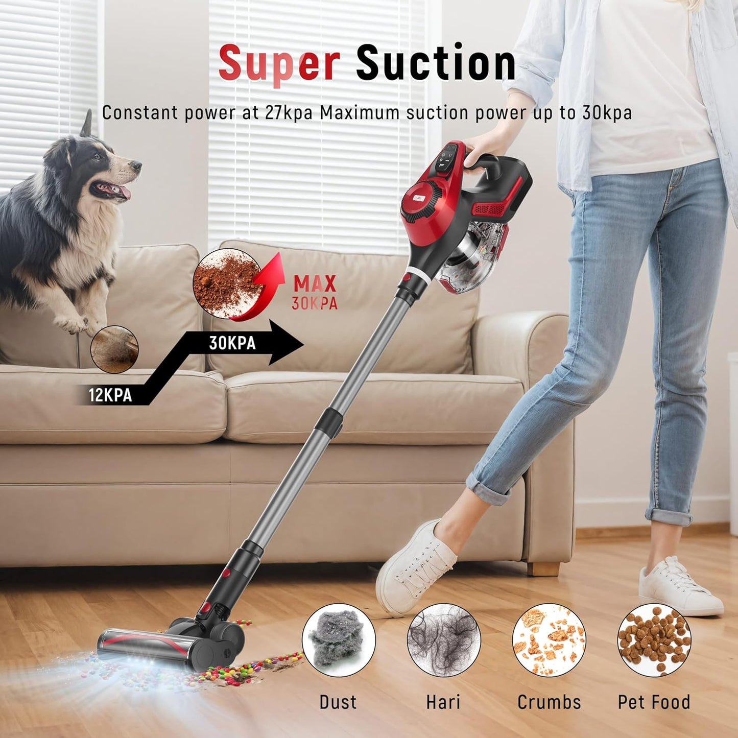 Cordless Vacuum Cleaner, 30Kpa Home Stick Vacuum, Smart Display & 1.5L Dust Cup, 55mins Max Runtime, Rechargeable Lightweight Handheld Vavuum for Pet Hair/Carpet/Hardwood Floor/Car (Red)