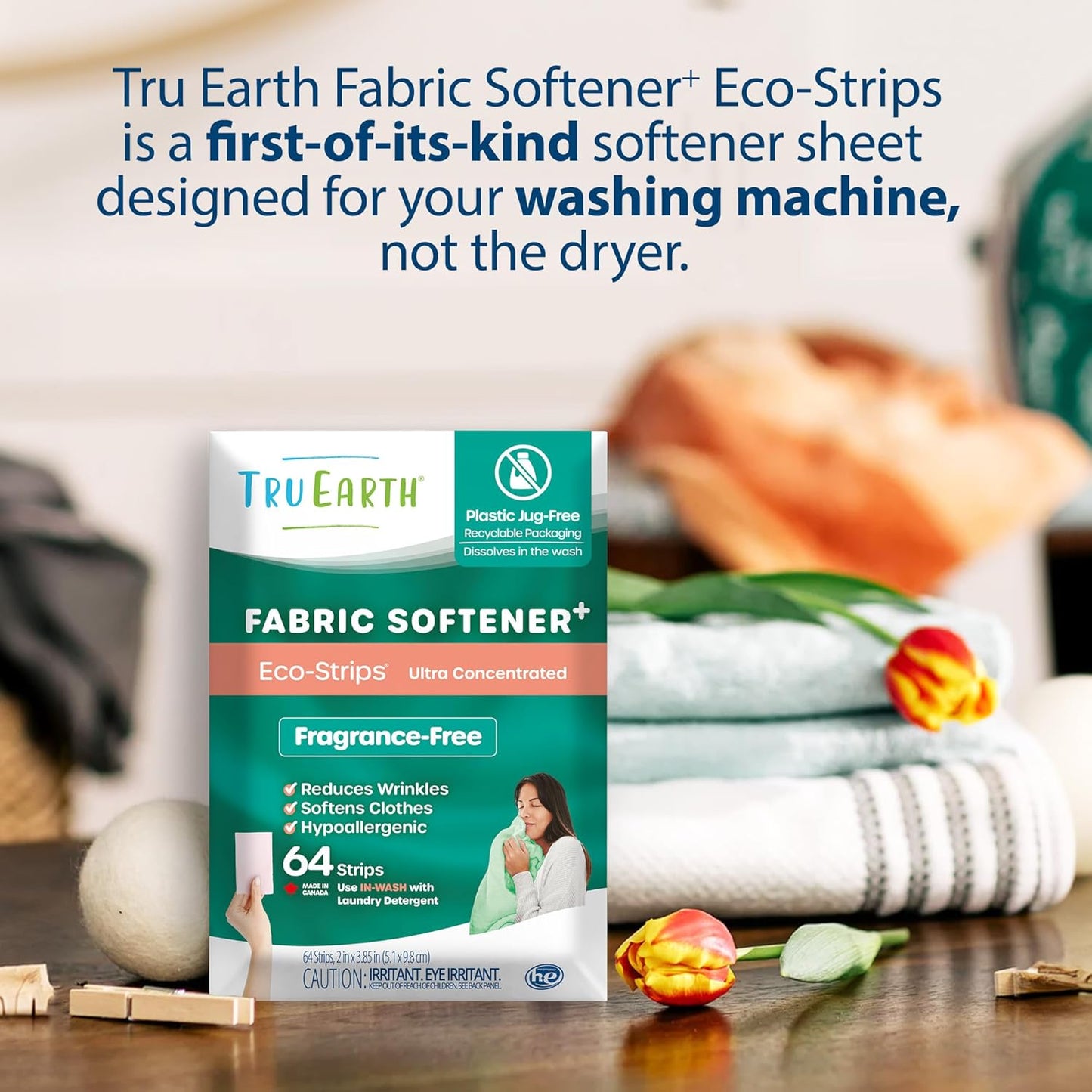 Tru Earth Fabric Softener Strips for Washing Machine, Alternative to Fabric Softener Liquid and Pods, Unscented Fragrance Free, Up to 128 Loads Per 64-Count