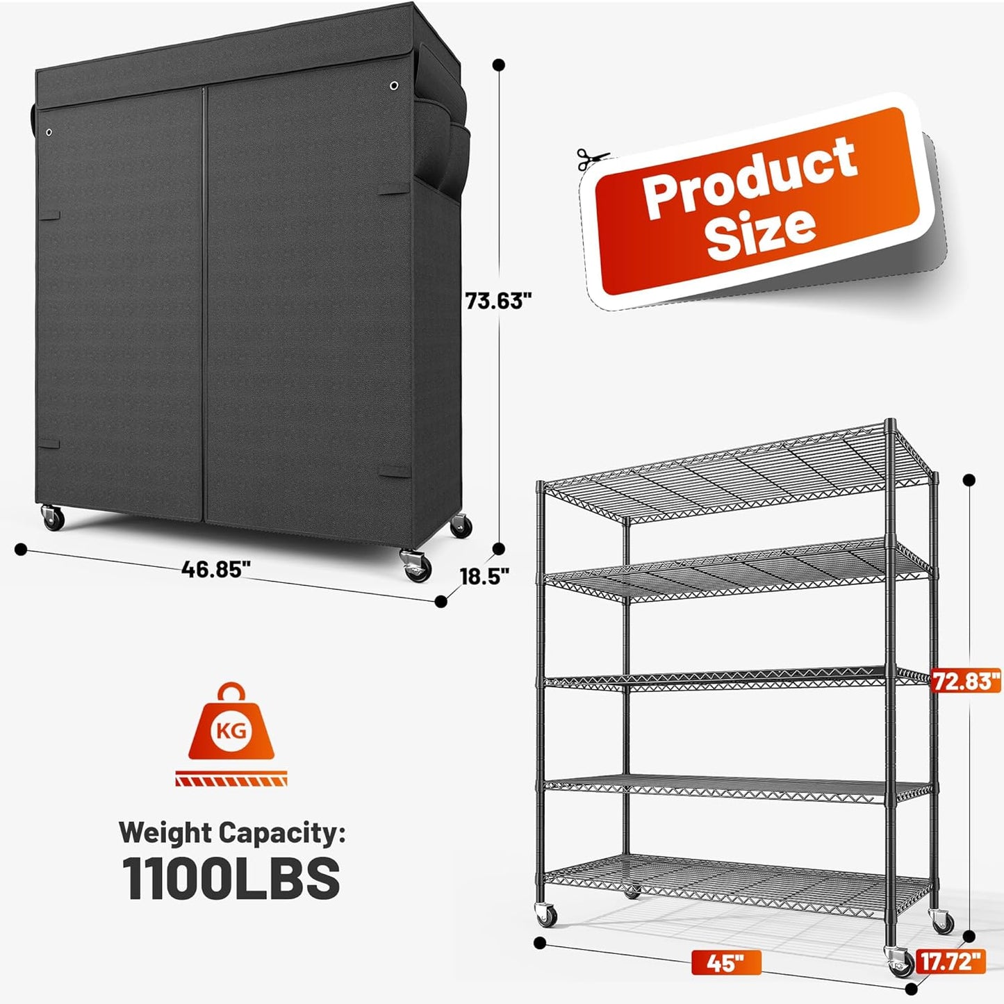 REIBII 45''W Storage Shelves Waterproof Metal Shelving Cover Dustproof Wire Shelving Unit Covers Garage Storage Rack Wire Shelf for Kitchen Pantry Office College, 45Wx17.72Dx72.83H