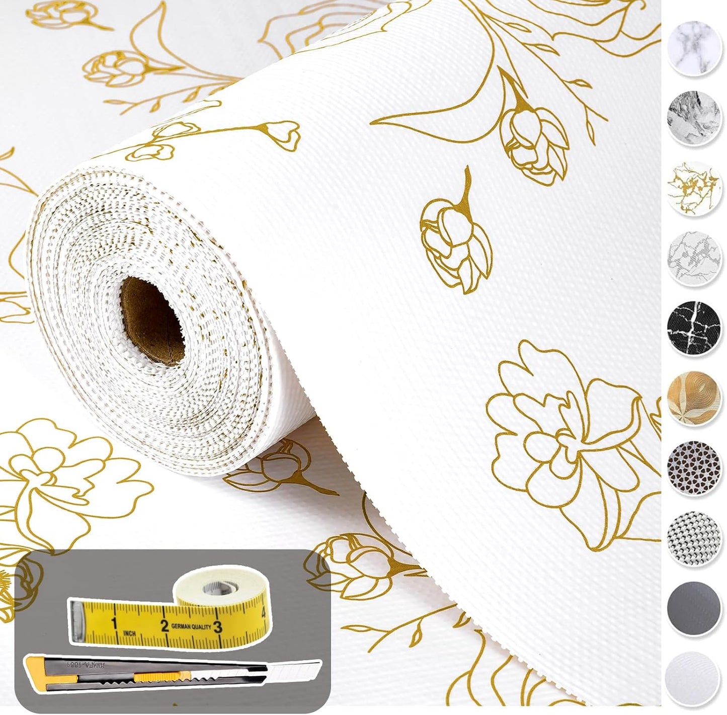Shelf Liners for Kitchen Cabinets 12in x 20FT Non Adhesive Drawer Liner Gold Floral Thickened Shelf Liner Paper Strong Non-Slip Easy to Clean for Tool Box Refrigerator with Knife and Tape Measure