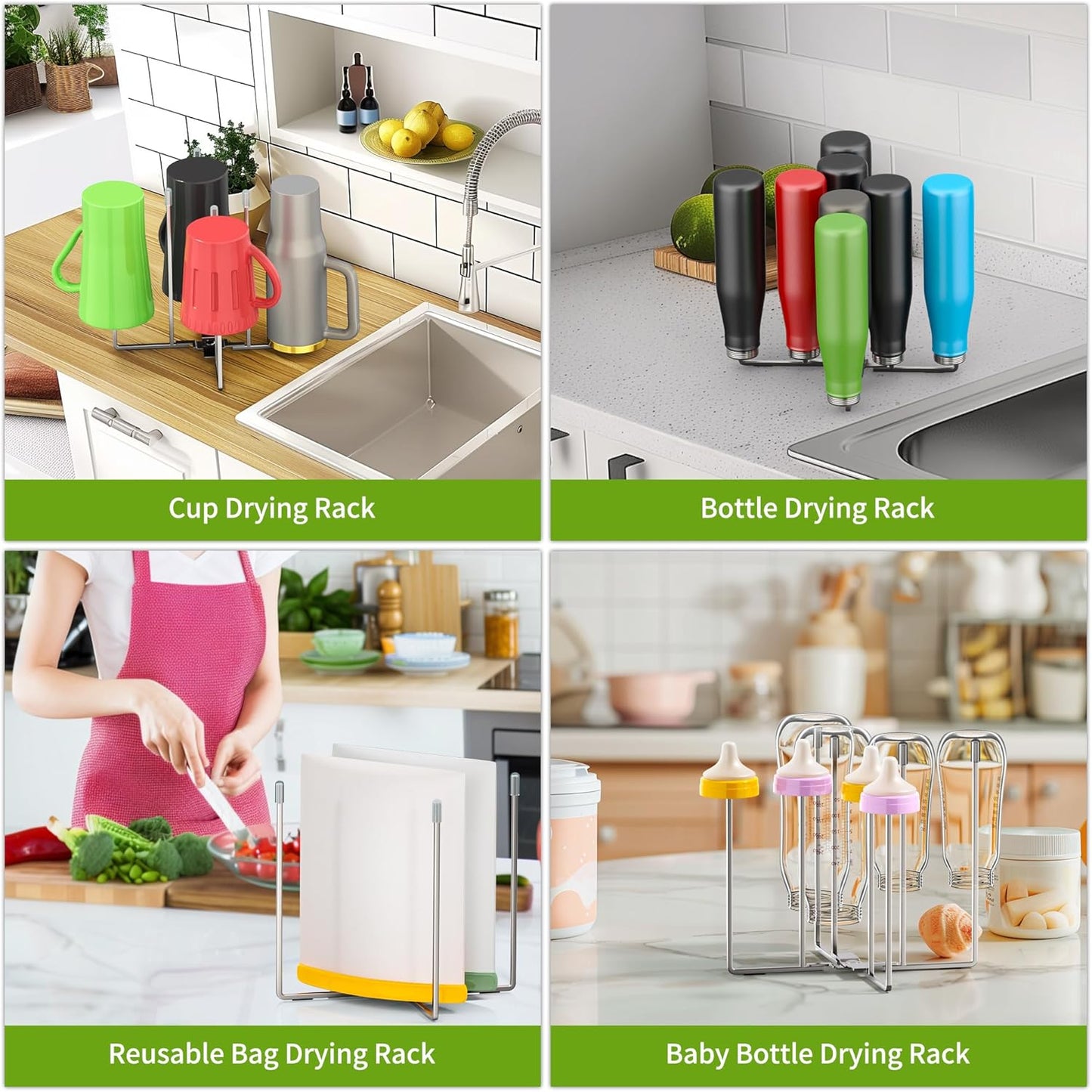 Retractable Bottle Drying Rack, Baby Bottle Drying Rack, Collapsible Cup Draining Rack, Reusable Storage Bag Dryer with Non-Slip Bottom - Stainless Steels