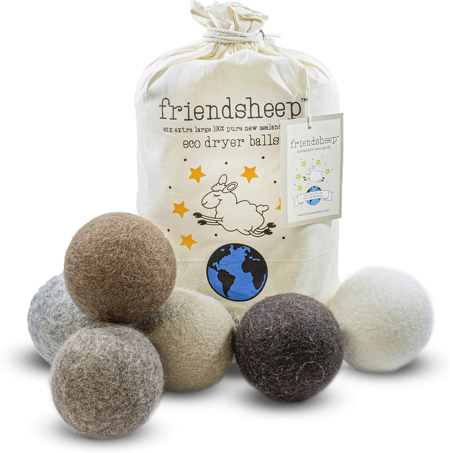 Friendsheep Wool Dryer Balls 6 Pack XL Organic Premium Reusable Cruelty Free Handmade Fair Trade No Lint Fabric Softener Color Brown Beige - Natural Mystic