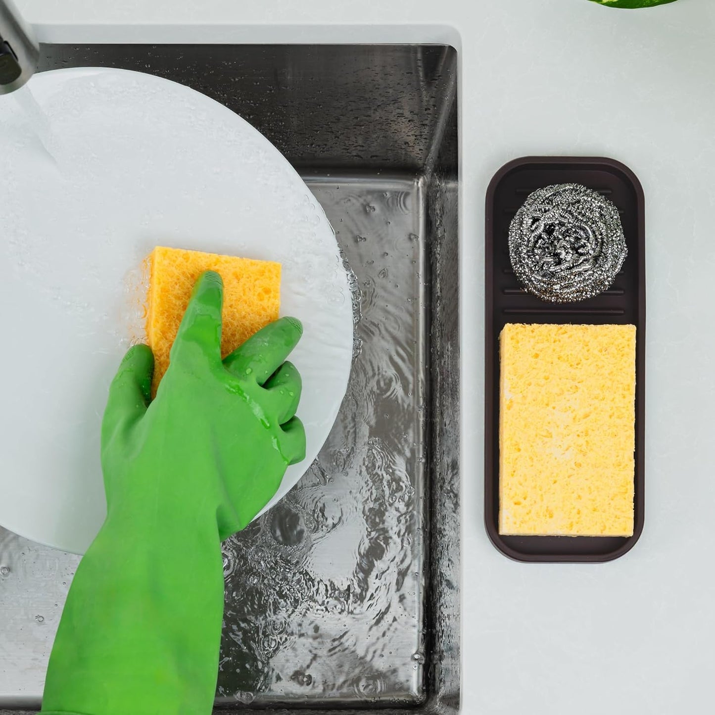 Zulay Kitchen (9x3.5 Silicone Sponge Holder for Kitchen Sink - Flexible Multipurpose Soap Tray Sponge Holder - Sink Organizer Tray for, Bathroom, Makeup, Trinkets & More (Chocolate)