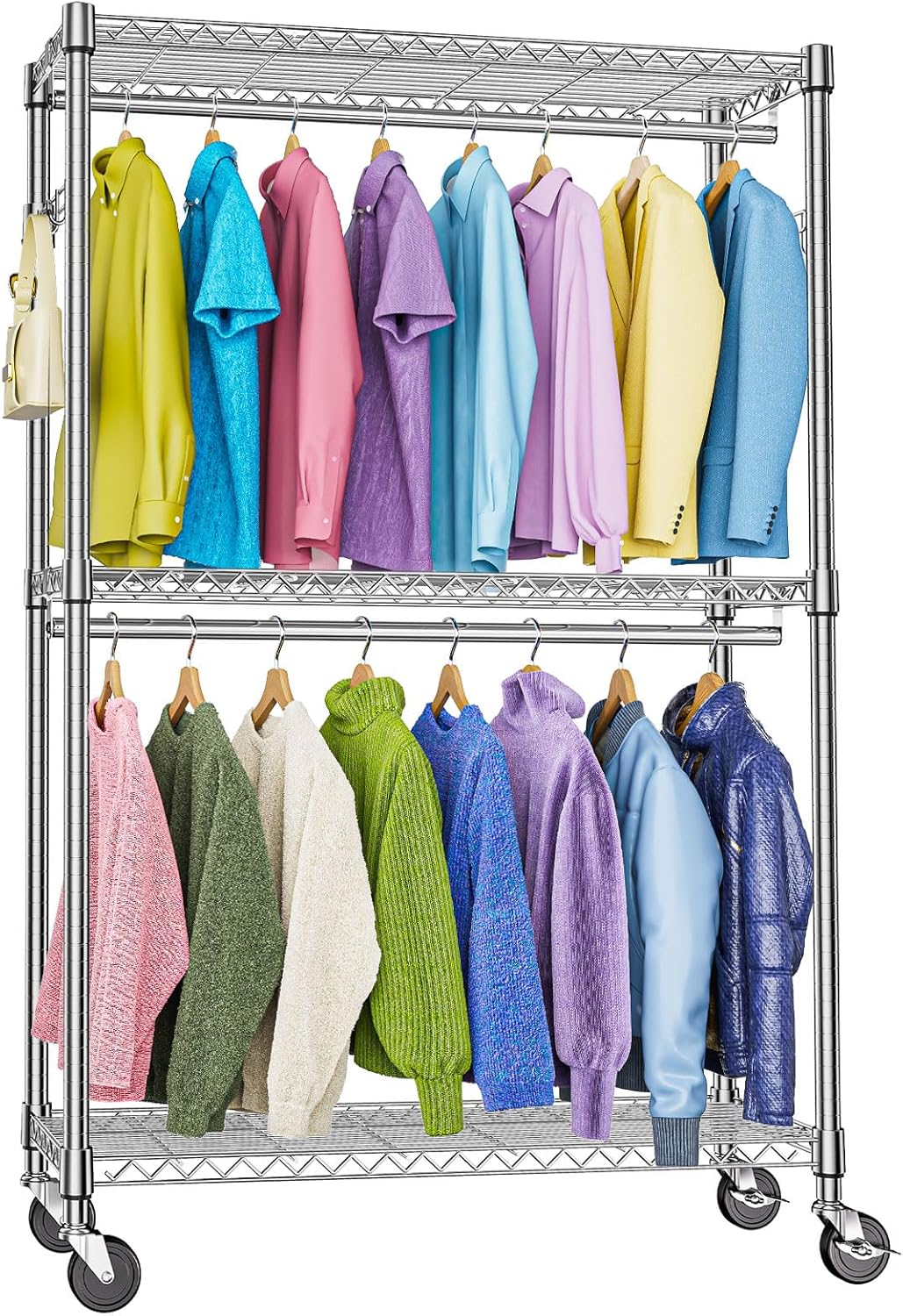 Heavy Duty Rolling Garment Rack 3 Tiers Adjustable Wire Shelving Clothes Rack with 2 Rods and Side Hooks,Storage Closet Clothing Rack with Wheels Chrome 15.7" D x 45.3" W x 79.6" H