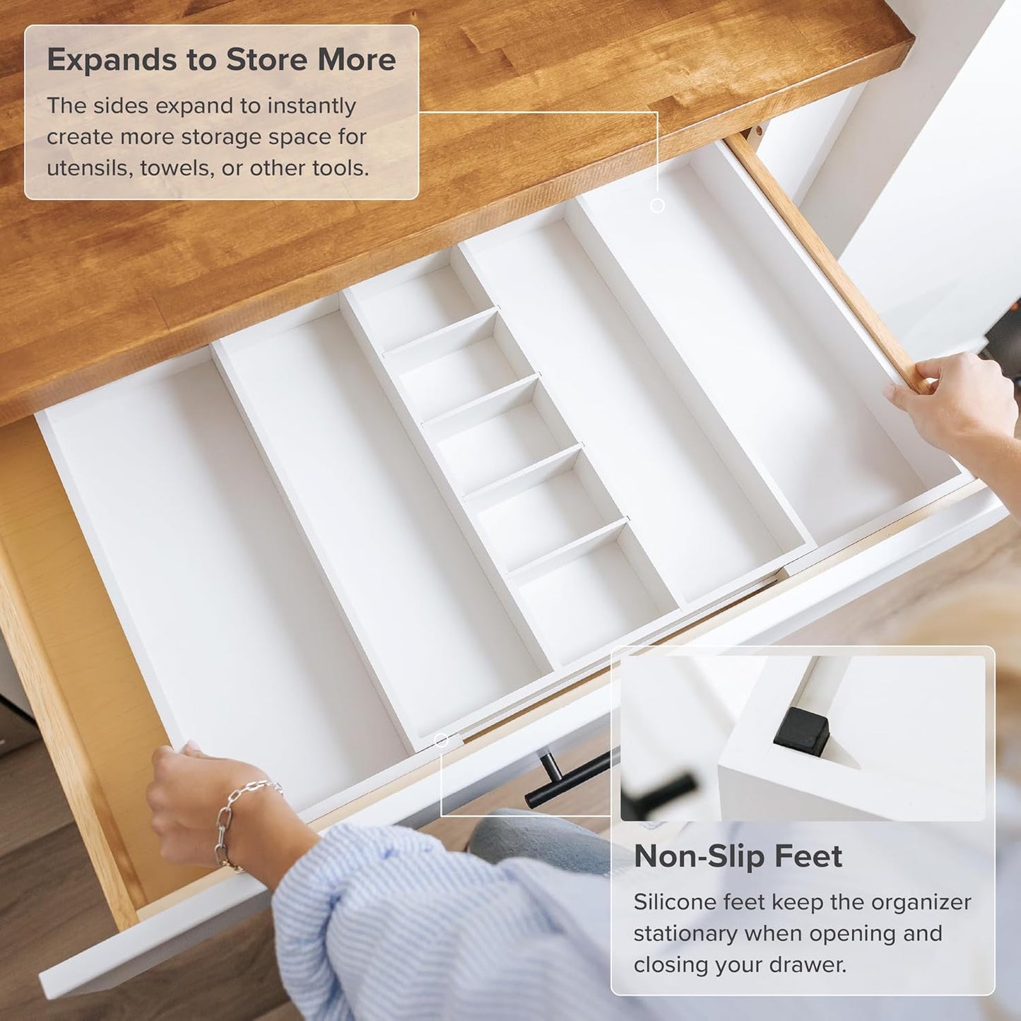 KitchenEdge Adjustable Kitchen Drawer Organizer for Utensils and Junk, Food-Safe Contract Grade with 100% Sustainable Wood, Expandable from 16 to 28 Inches Wide - White Bamboo