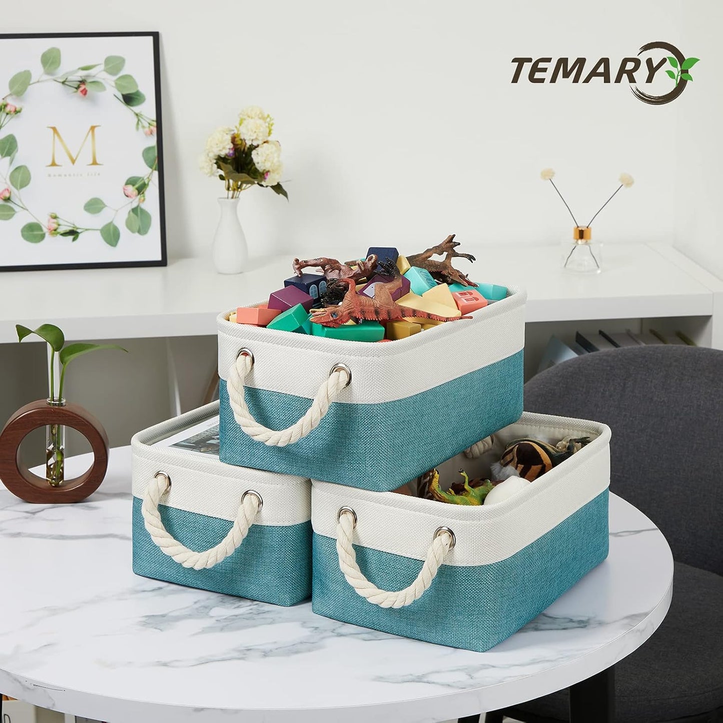 Temary Small Fabric Basket Shelf Storage Bins for Organizing 6 Pcs Decorative Baskets for Gifts Empty Collapsible Small Storage Bins for Home, Closet(Teal,11.8 L x 7.9 W x 5.3 H inches)