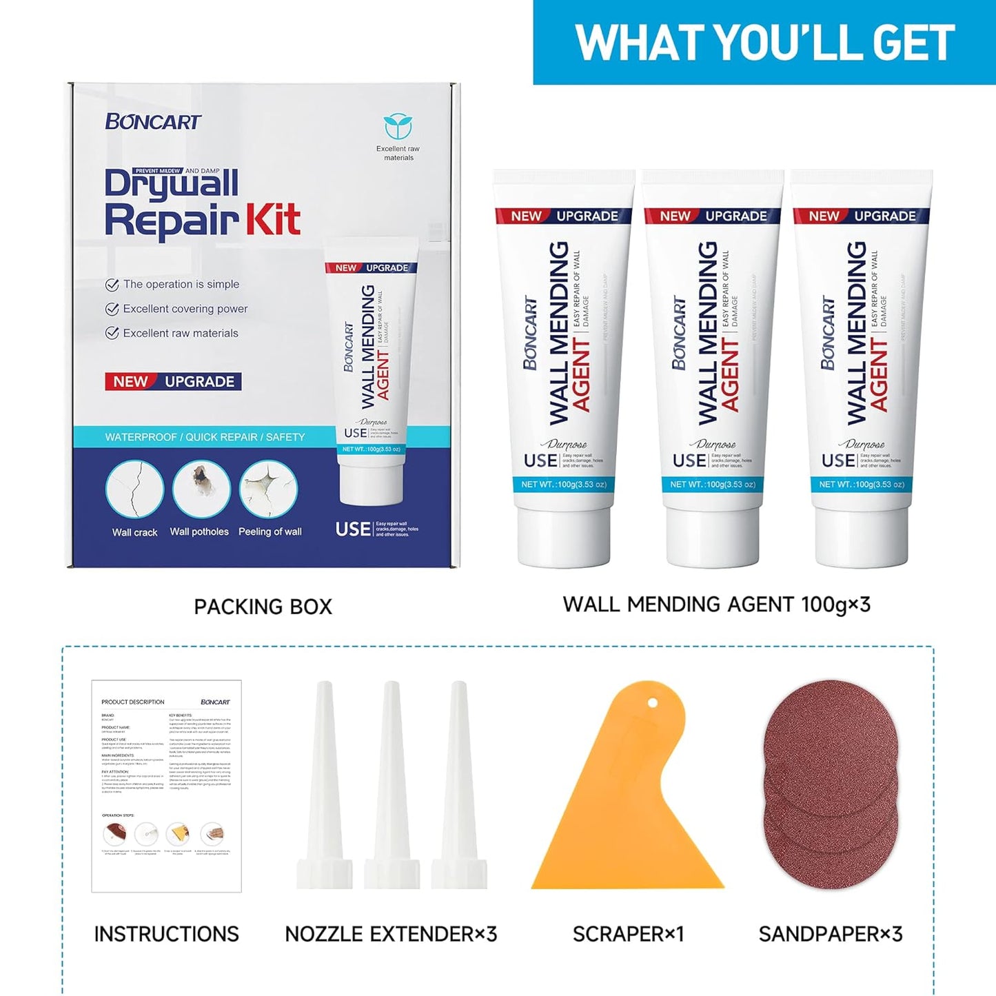 Drywall Repair Kit, Spackle Wall Repair Kit, 3 Pack Wall Mending Agent Putty, Wall Repair Paste Plaster for Wall Crack/Nail Hole, Wall Hole Filler with Scraper/Sandpaper