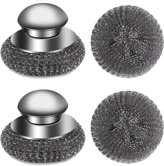 4pcs Steel Wool Scrubber with Replacement Wire Sponge Pads Set, Stainless Steel Scrubber with Handle for Scouring Stubborn Messes from Cast Iron, Pots, Pans, Grill, Stoves, Sink(2 Scrubber+2 Pads)