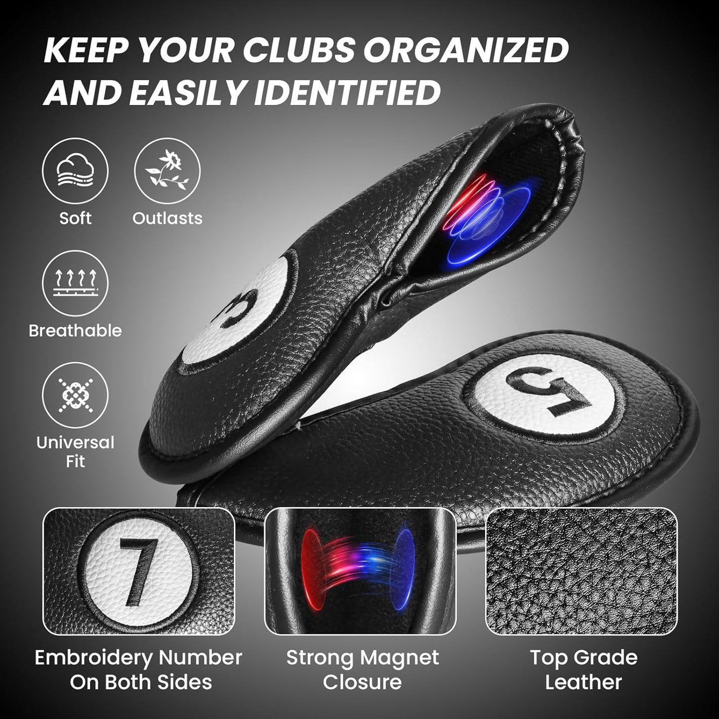 FINGER TEN Golf Club Covers for Irons Magnetic Value 11 Pack, Synthetic Leather Deluxe Head Cover Set Headcovers for Irons Fit Main Iron Clubs