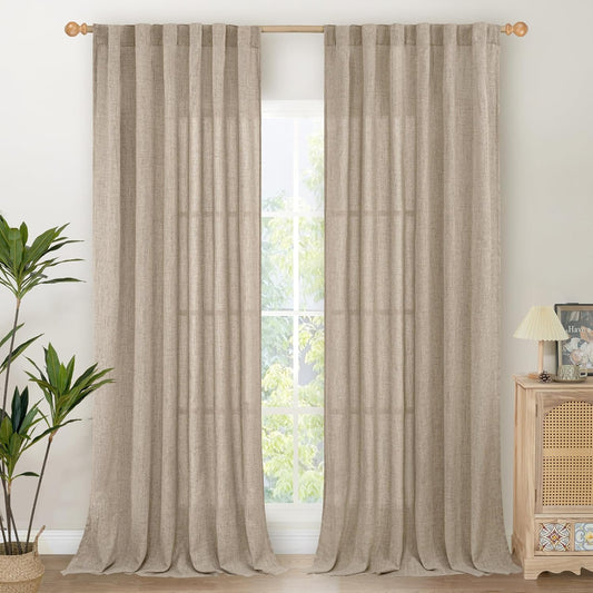 YoungsTex 90 Inch Length Linen Semi Sheer Curtains for Living Room, Dark Oatmeal Light Filtering Drapes with Rod Pocket Back Tab Textured Burlap for Bedroom, 52 X 90 Inch, 2 Panels