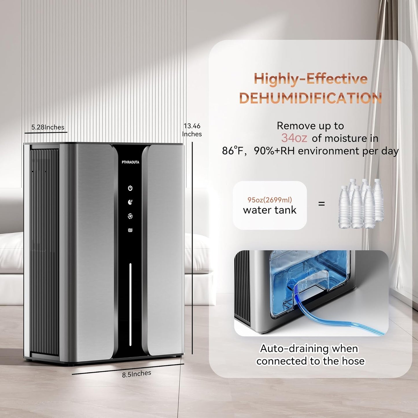 95oz Home Dehumidifier, (950 sq.ft) Quiet dehumidifier for Bedroom Bathroom with Drain Hose, with Air Reusable Filter Indoor deshumidificador for Basement RV Closet